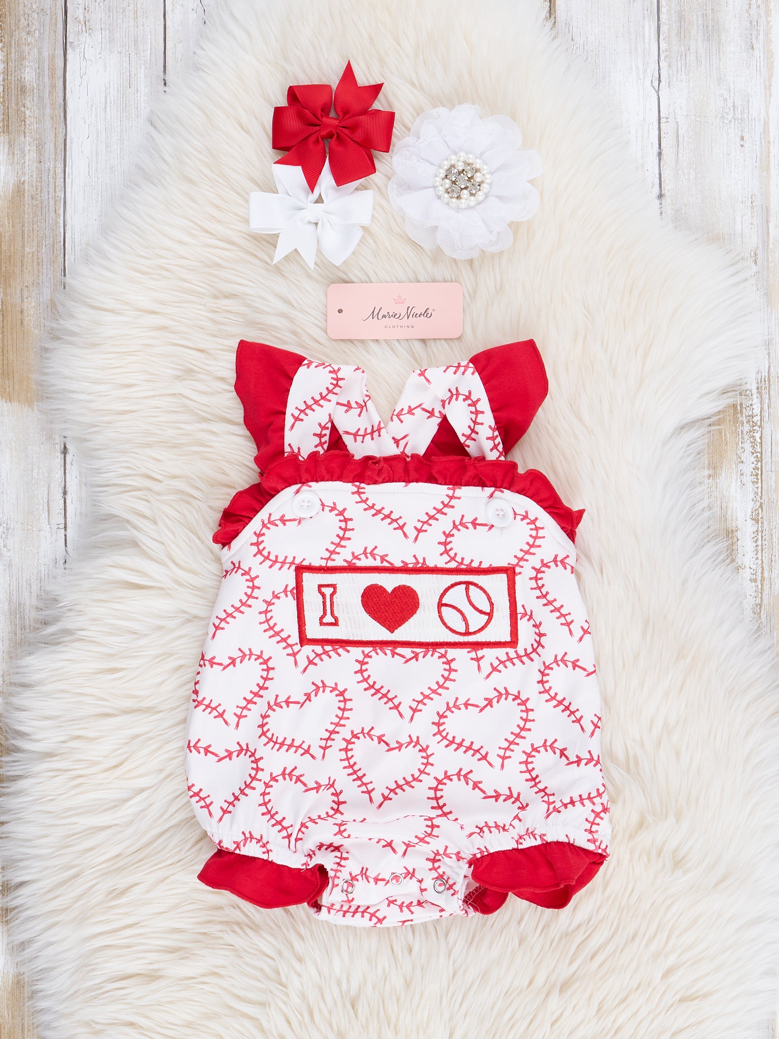 Red & White Smocked Baseball Love Ruffle Bubble Romper - Marie Nicole Clothing