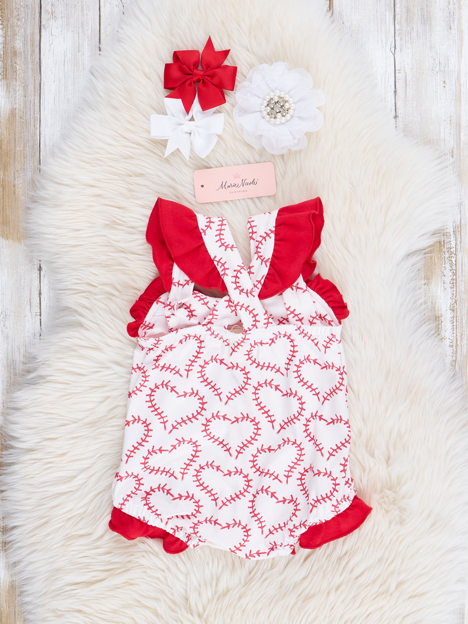Red & White Smocked Baseball Love Ruffle Bubble Romper - Marie Nicole Clothing