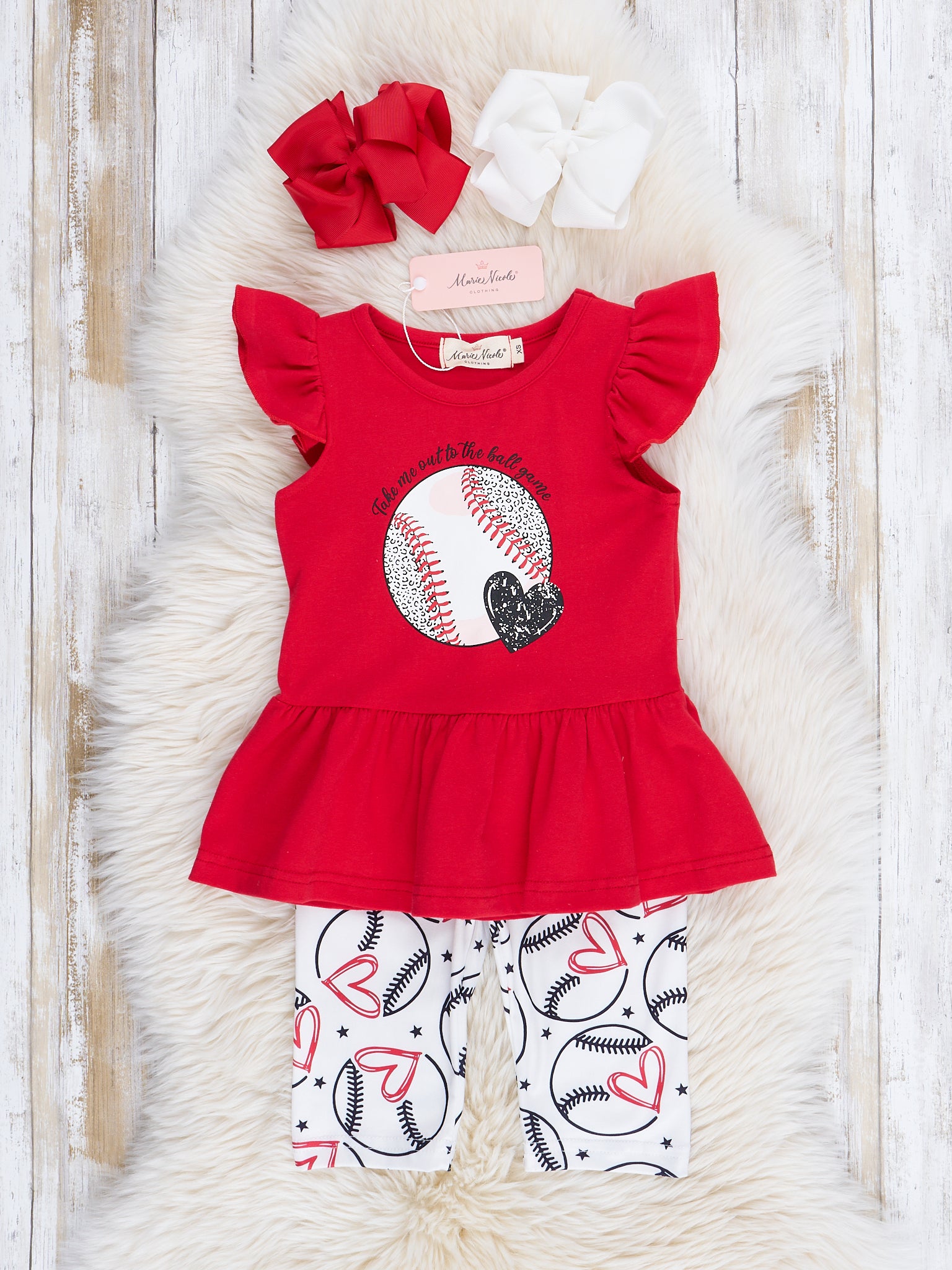 Red Embroidered Baseball Heart Outfit - Marie Nicole Clothing