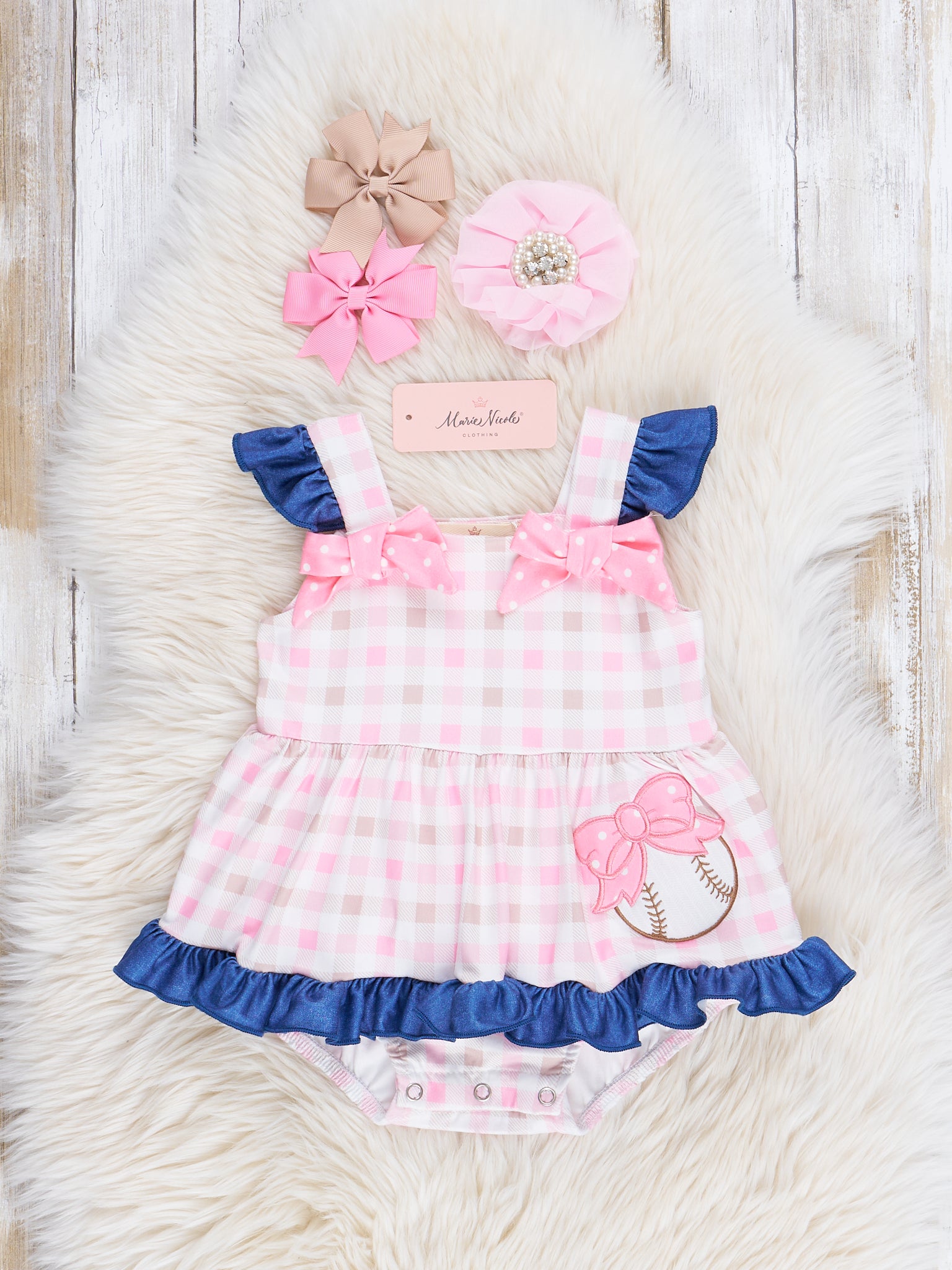 Pink & Navy Gingham Embroidered Baseball Ruffle Bubble Romper - Marie Nicole Clothing