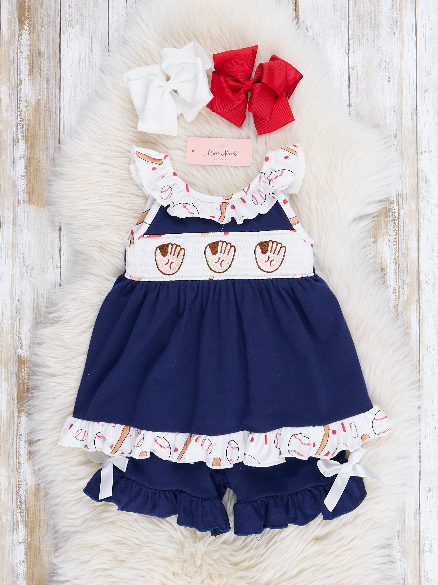 Navy & White Smocked Baseball Ruffle Outfit - Marie Nicole Clothing
