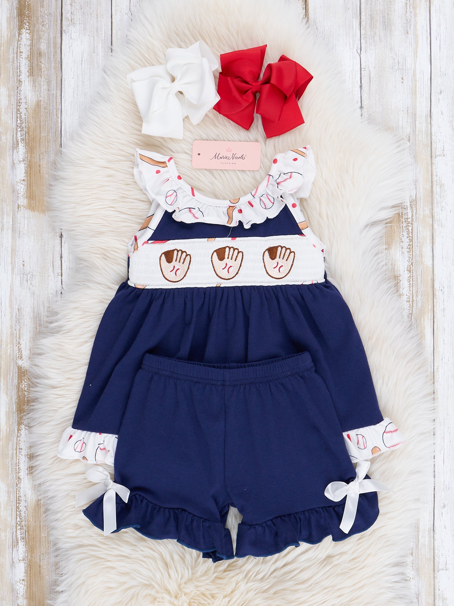 Navy & White Smocked Baseball Ruffle Outfit - Marie Nicole Clothing