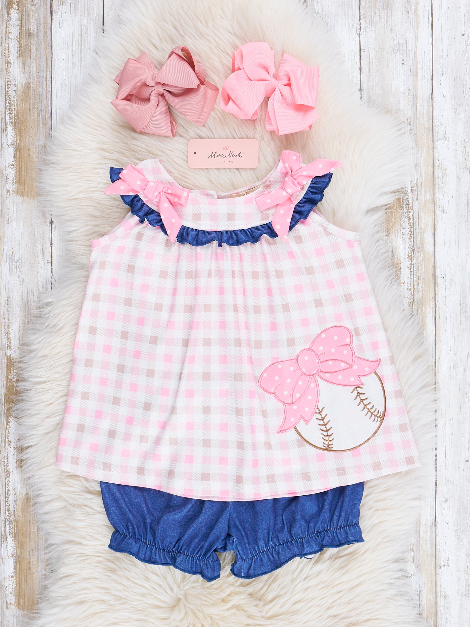 Pink & Navy Gingham Embroidered Baseball Ruffle Outfit - Marie Nicole Clothing