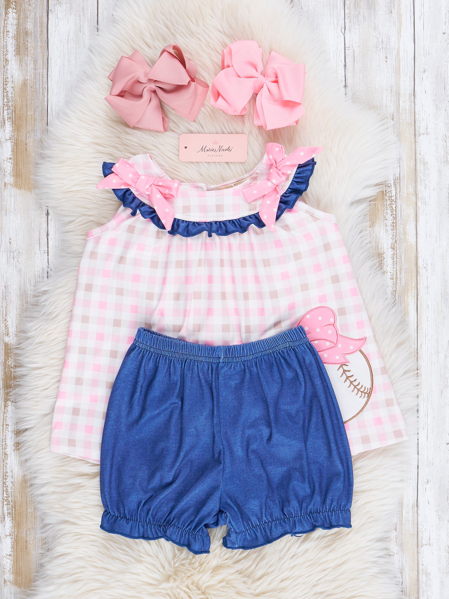 Pink & Navy Gingham Embroidered Baseball Ruffle Outfit - Marie Nicole Clothing