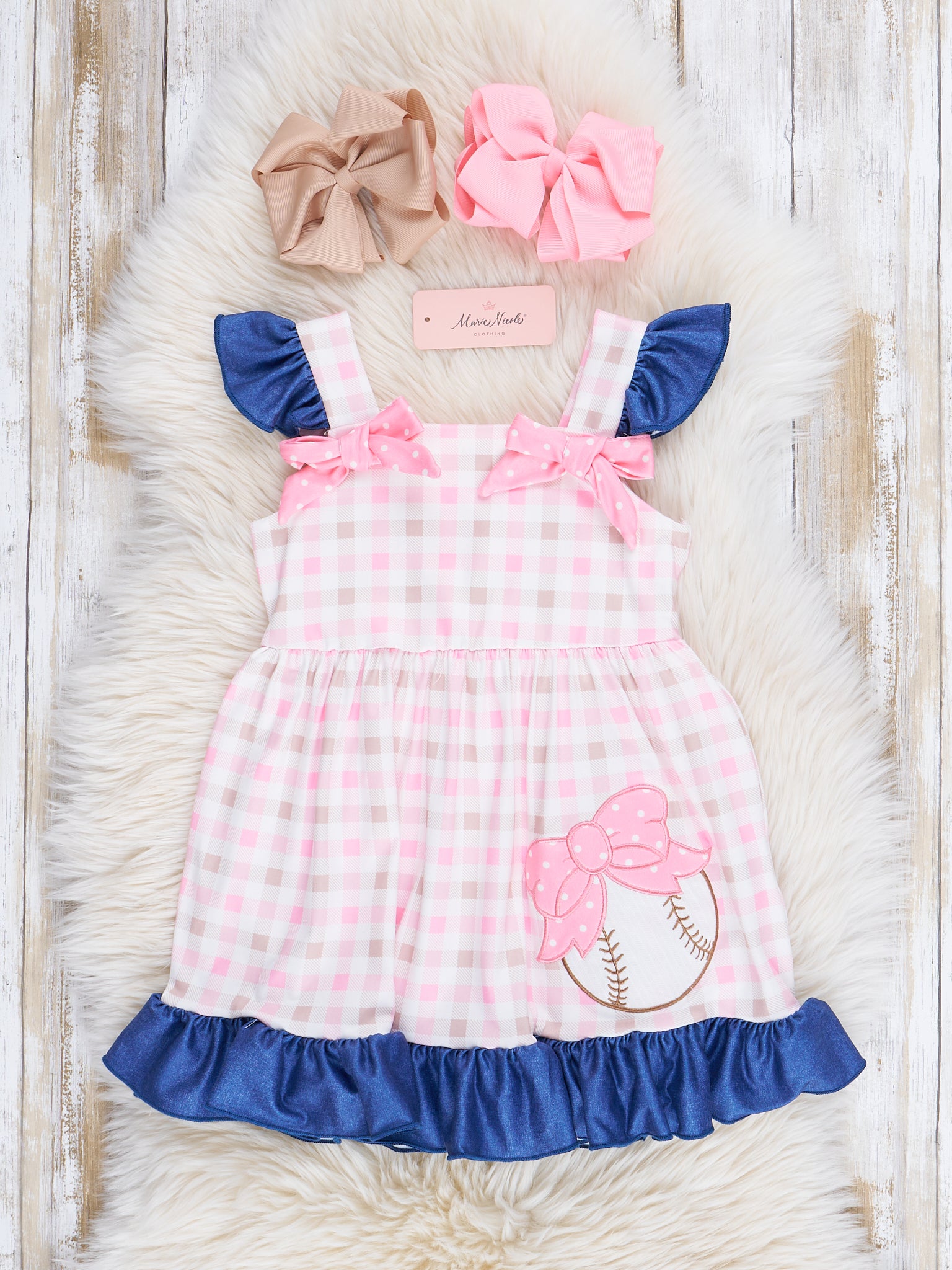 Pink & Navy Gingham Embroidered Baseball Ruffle Dress - Marie Nicole Clothing