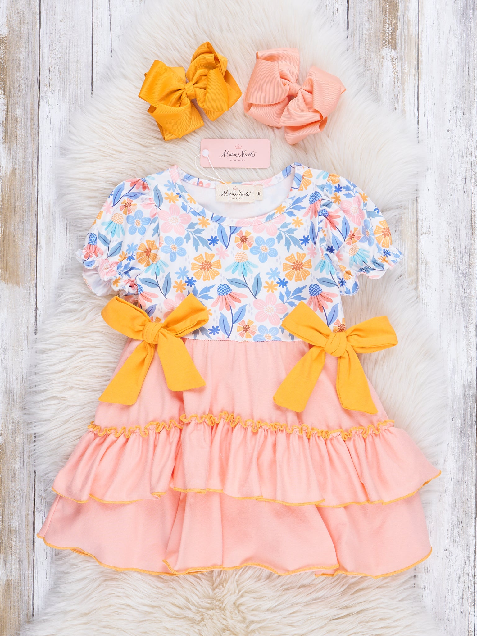 Peach & Yellow Garden Ruffle Dress - Marie Nicole Clothing