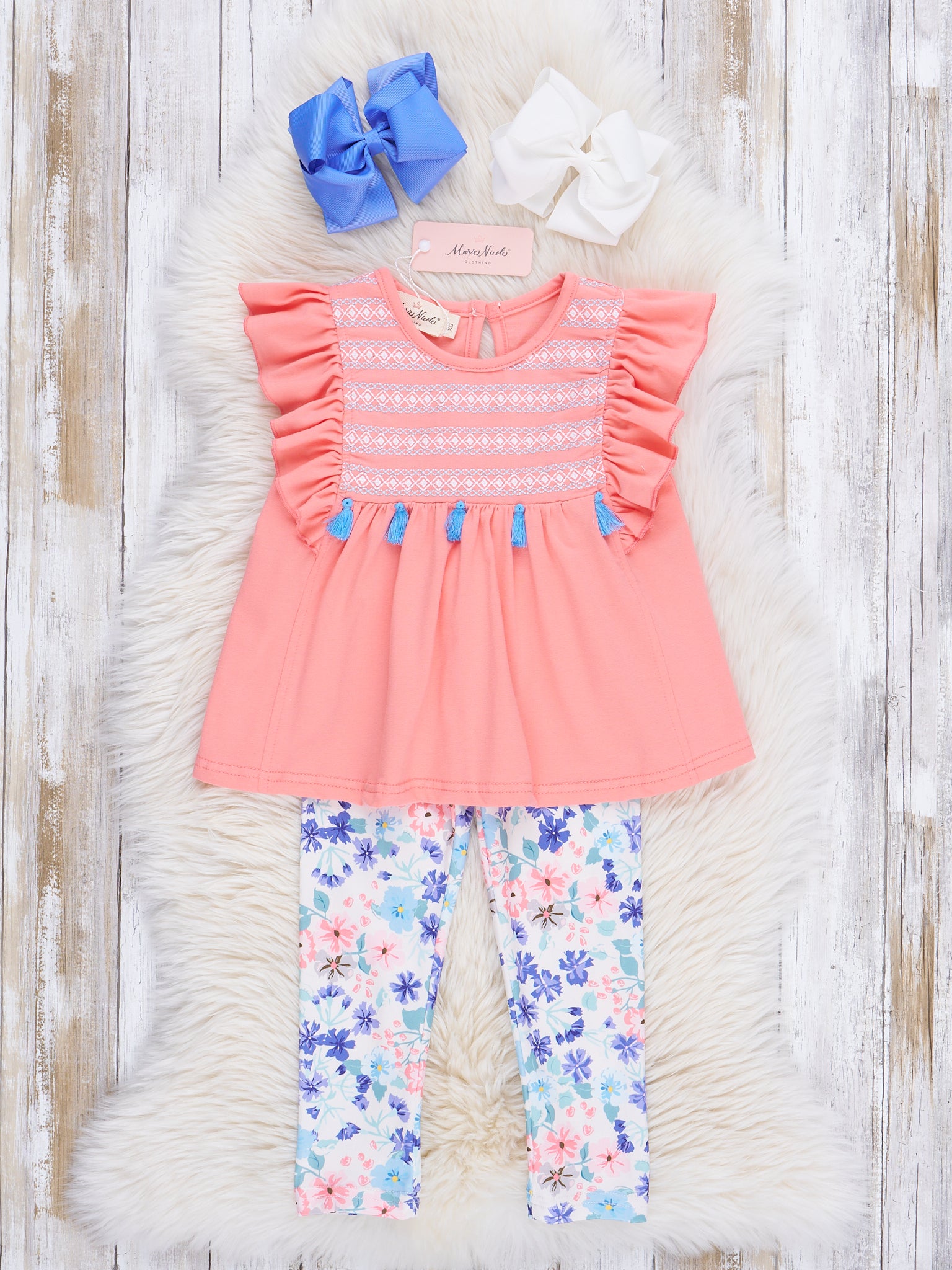 Coral Smocked Florals Ruffle Outfit - Marie Nicole Clothing