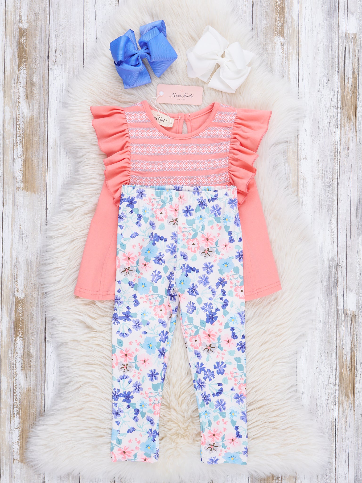 Coral Smocked Florals Ruffle Outfit - Marie Nicole Clothing