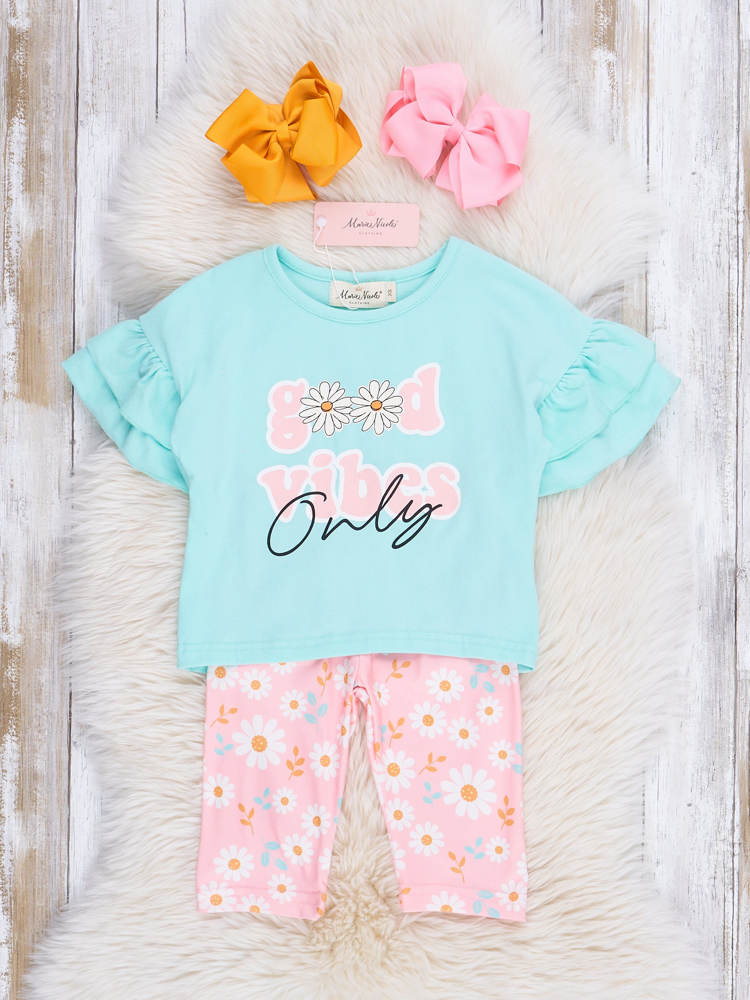 Teal & Pink Floral Good Vibes Ruffle Outfit - Marie Nicole Clothing