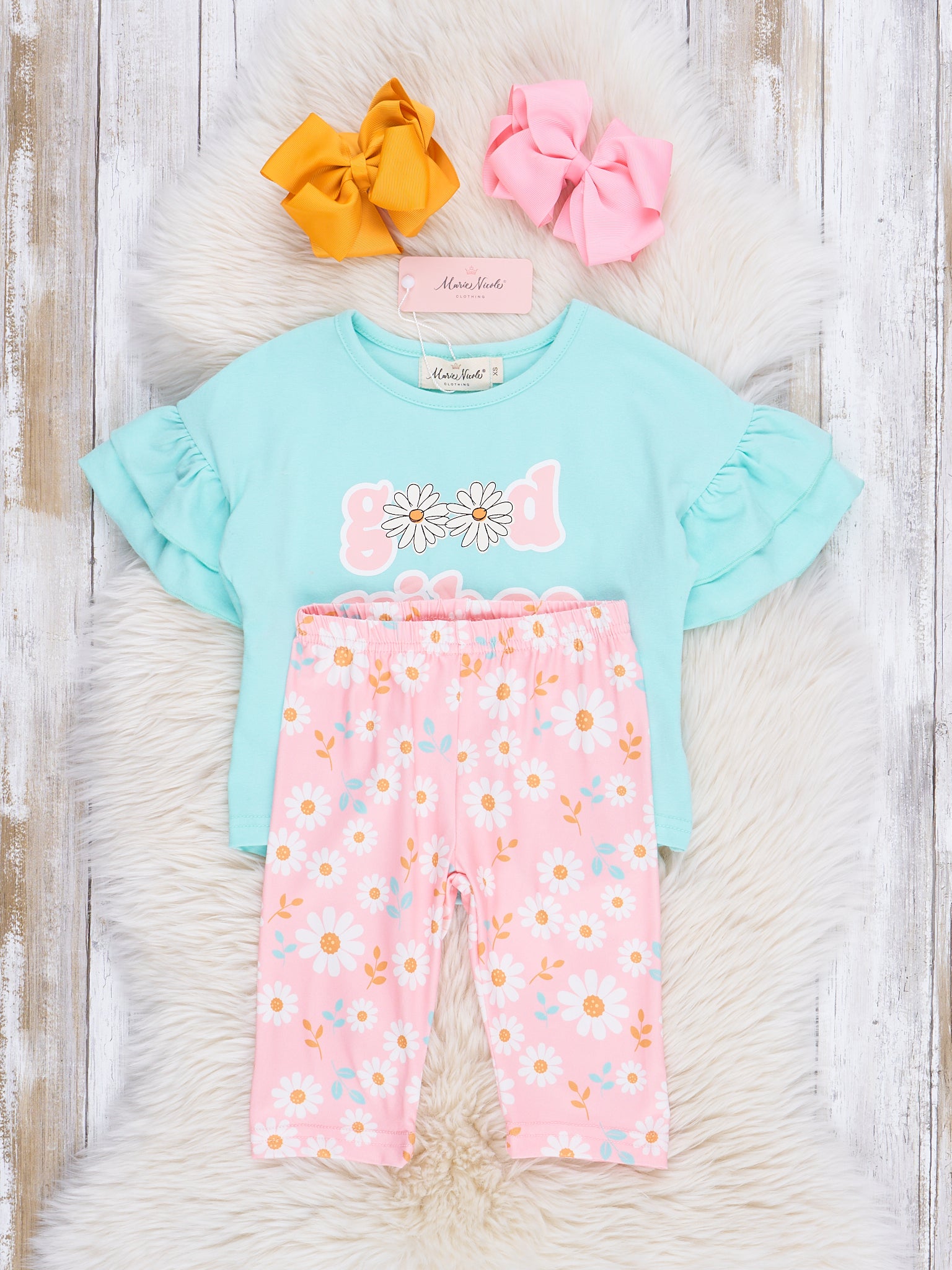 Teal & Pink Floral Good Vibes Ruffle Outfit - Marie Nicole Clothing