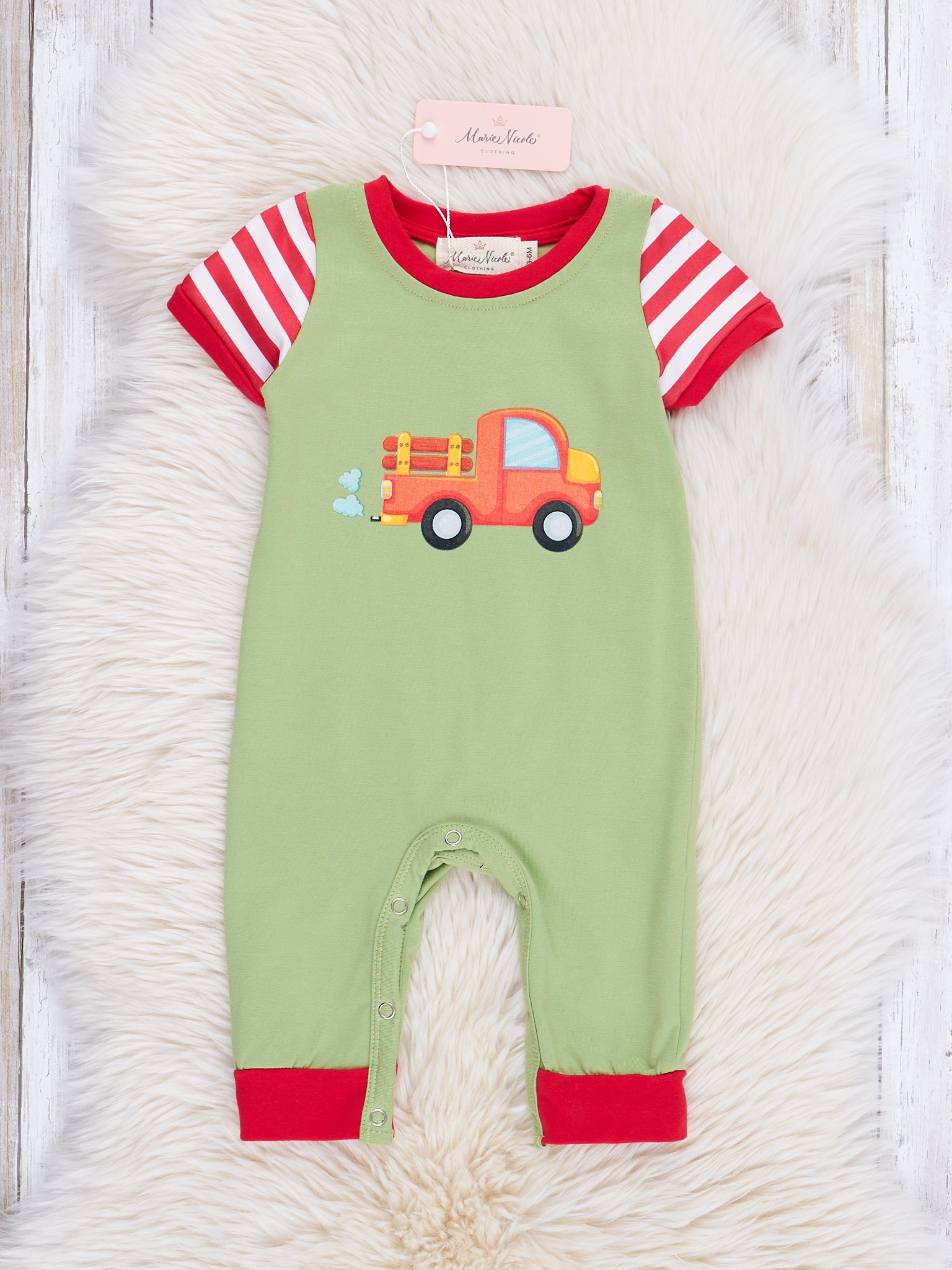 Pistachio Green Raglan Truck Romper - Marie Nicole Clothing