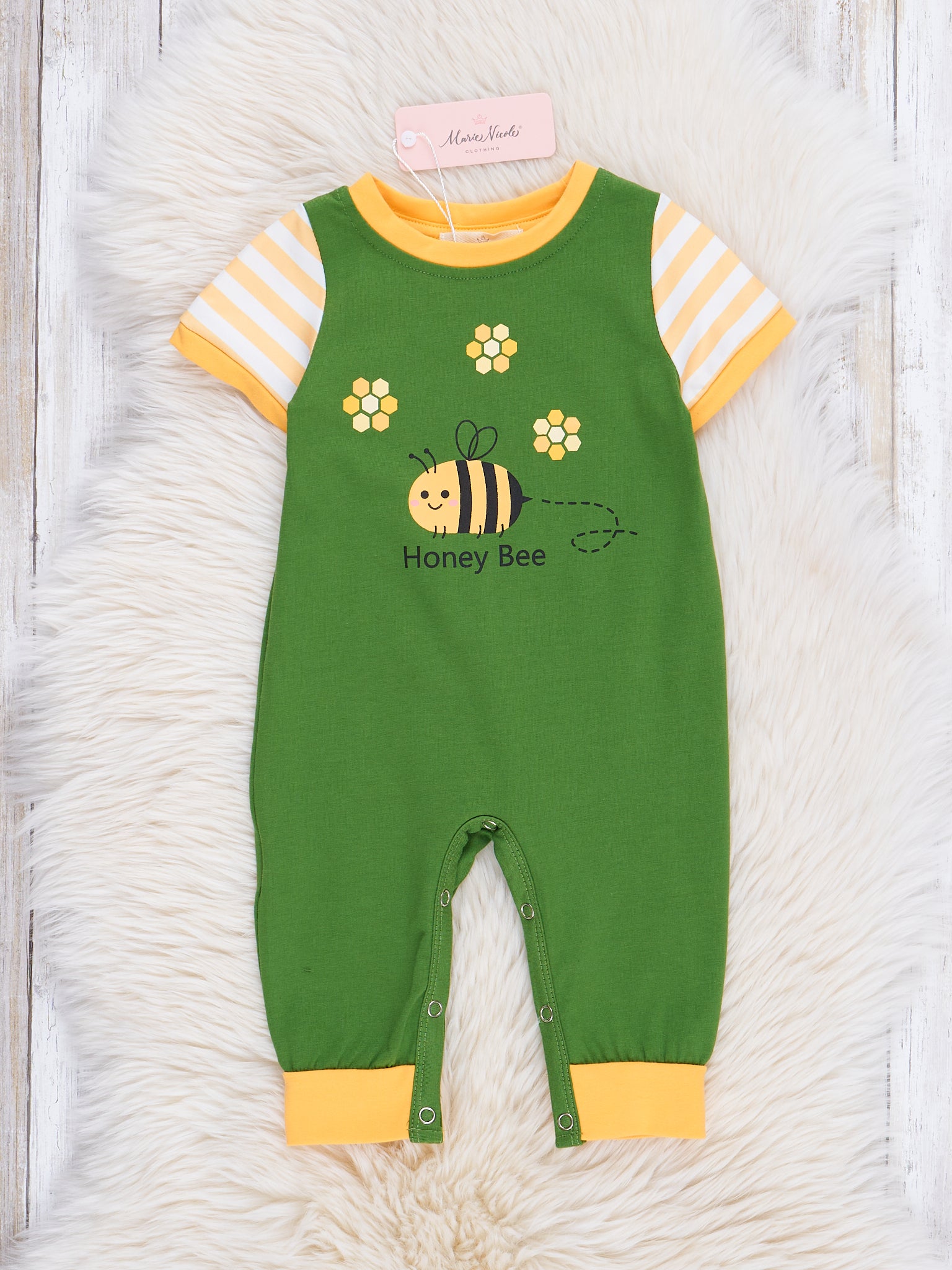 Bright Green Honey Bee Romper - Marie Nicole Clothing