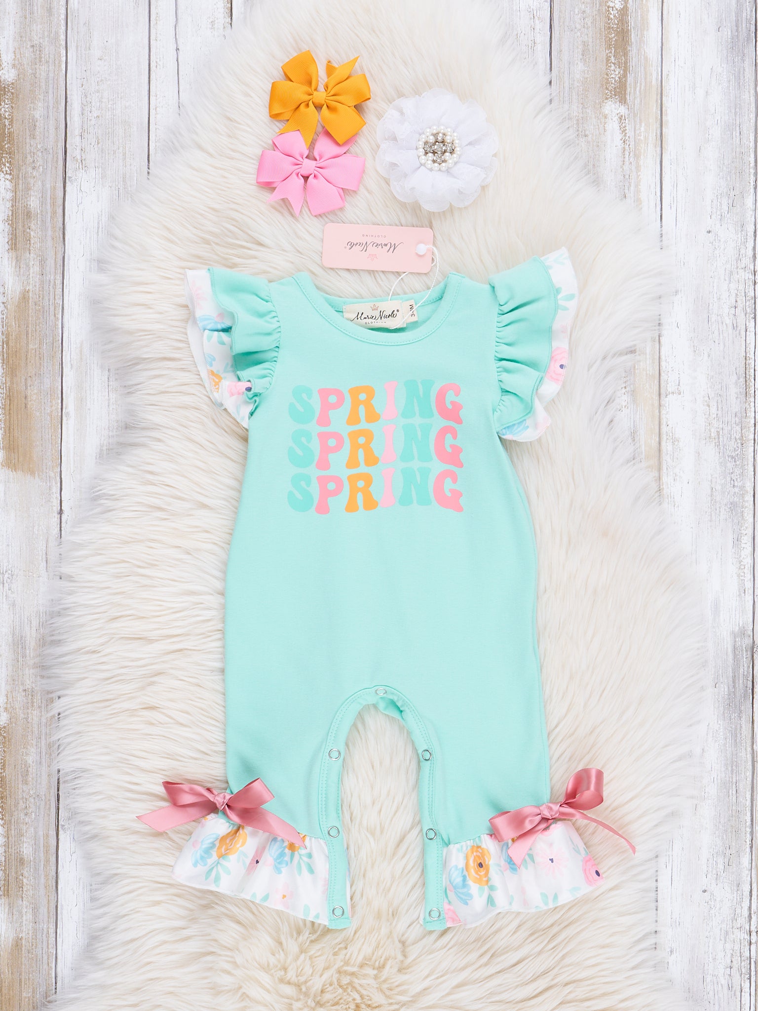 Teal Spring Floral Ruffle Romper - Marie Nicole Clothing