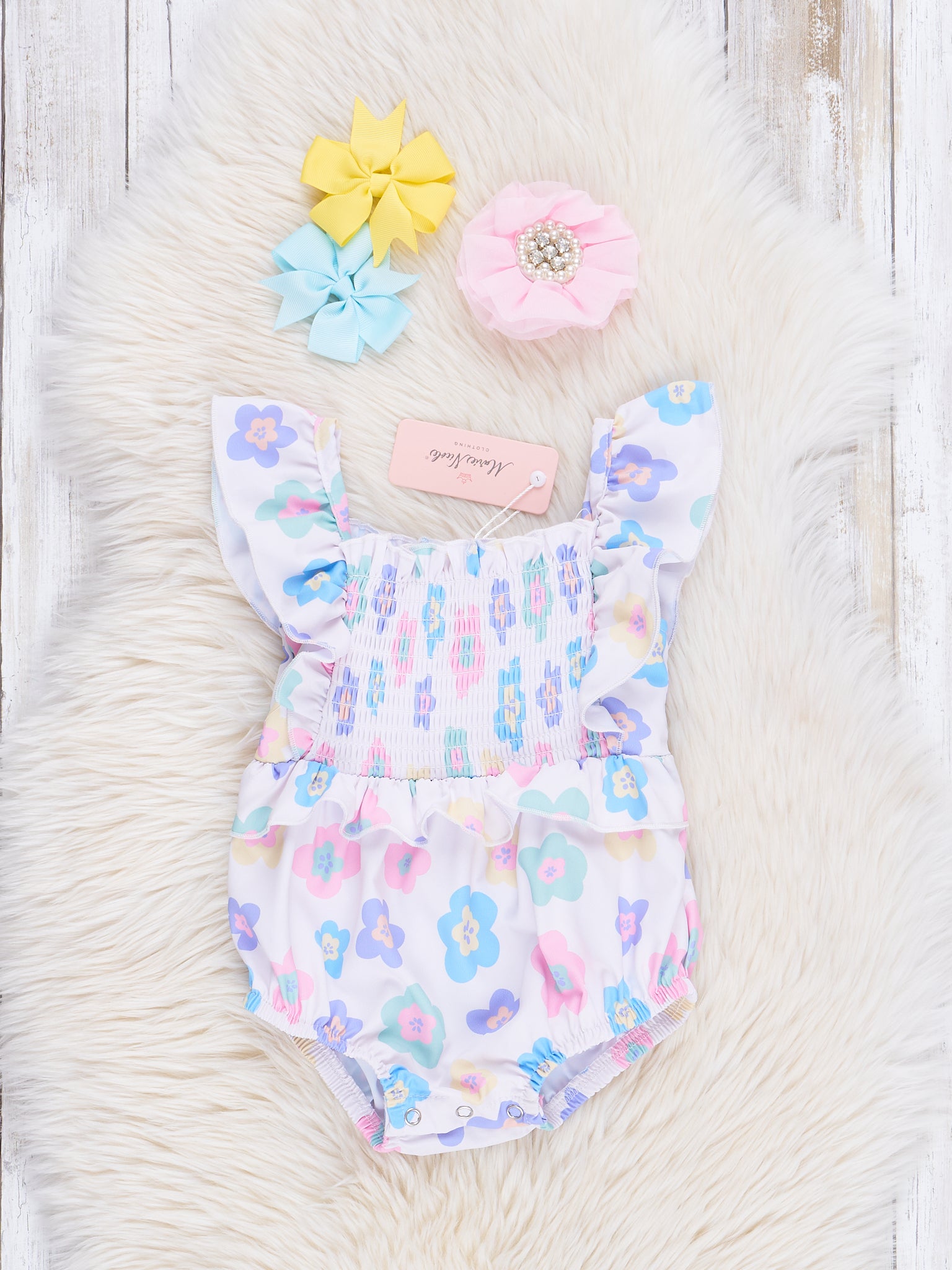 Blush & Lilac Blooms Smocked Ruffle Bubble Romper - Marie Nicole Clothing