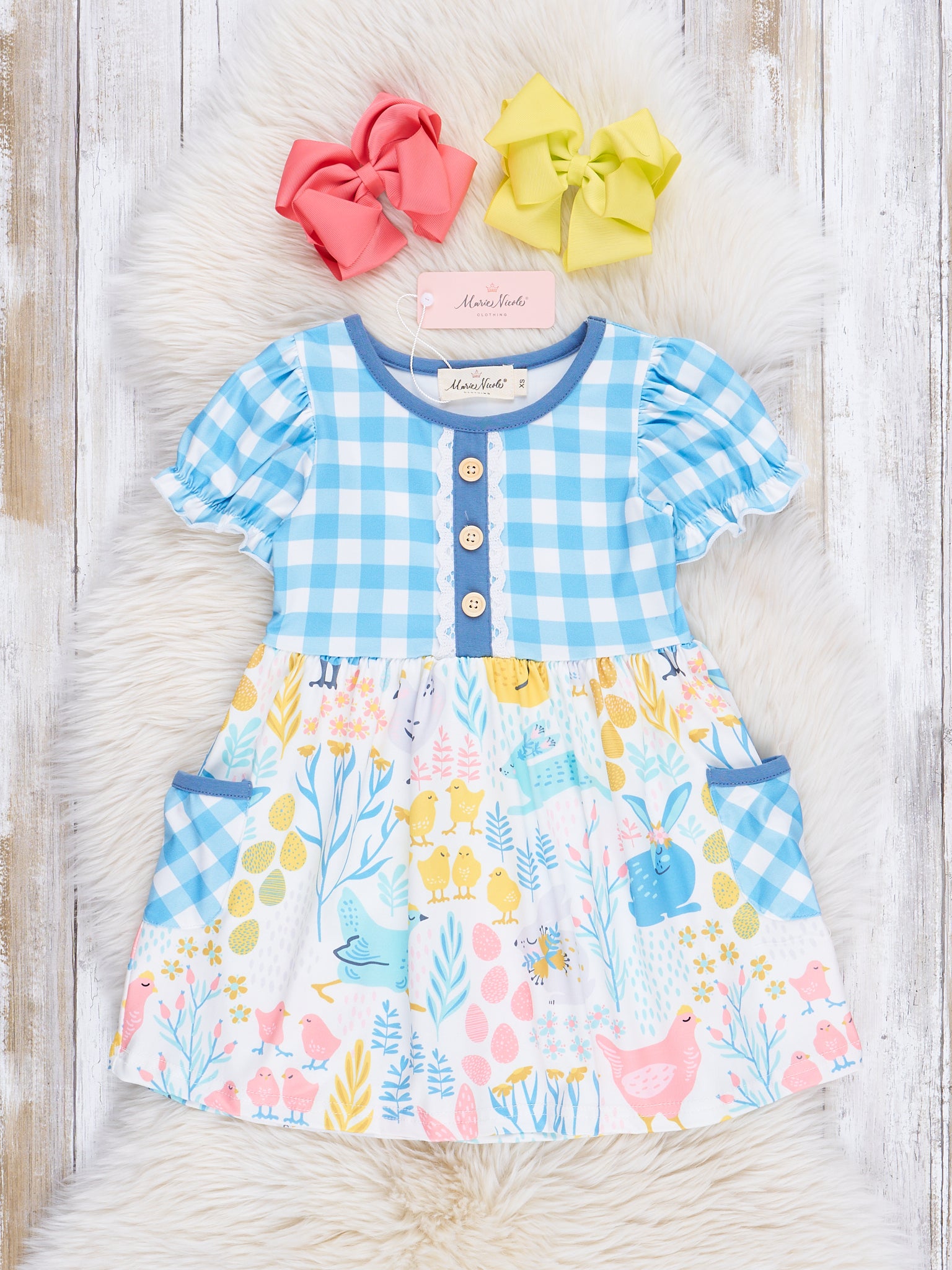 Blue Gingham Garden Ruffle Dress - Marie Nicole Clothing