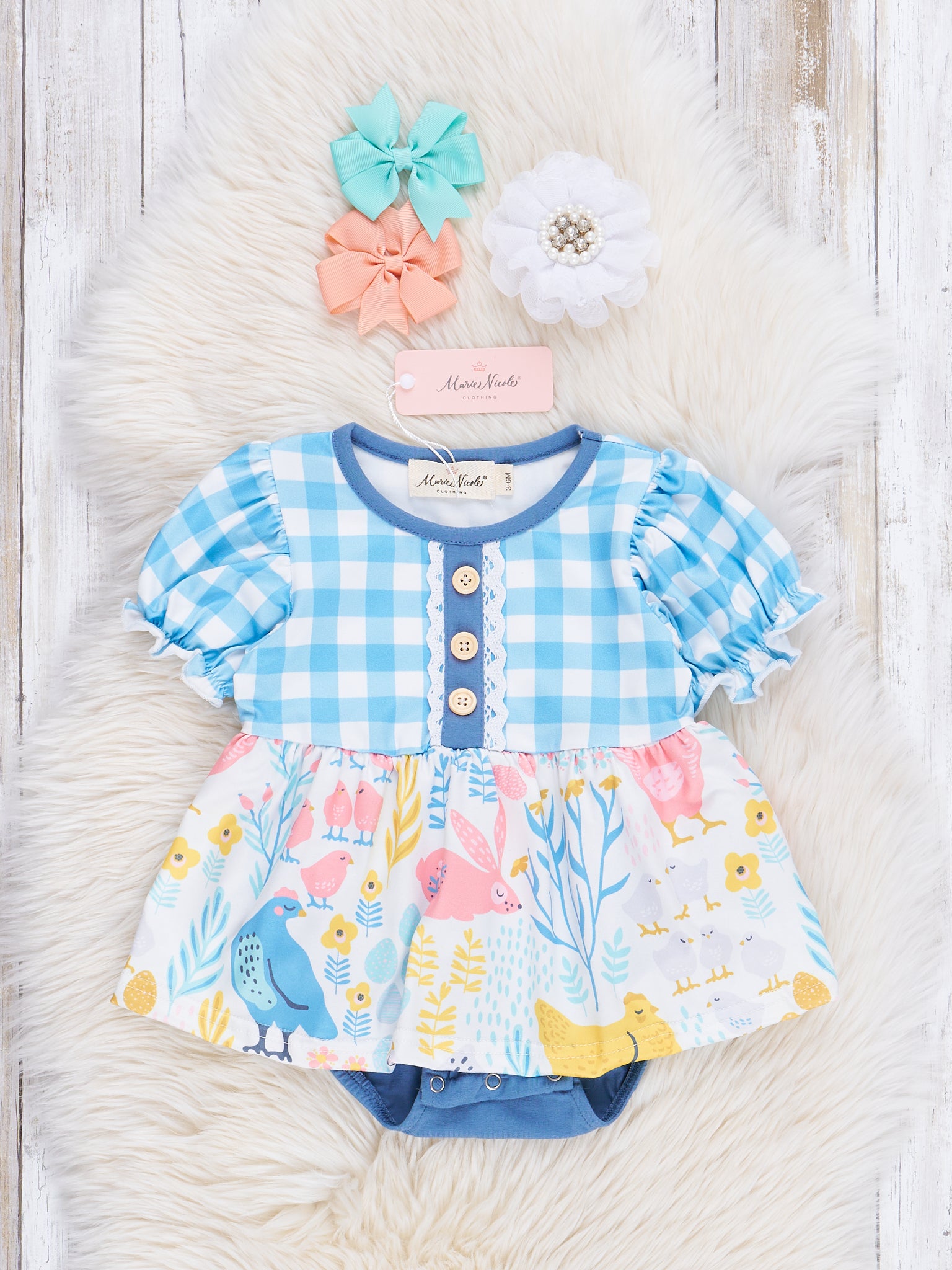Blue Gingham Garden Ruffle Bubble Romper - Marie Nicole Clothing