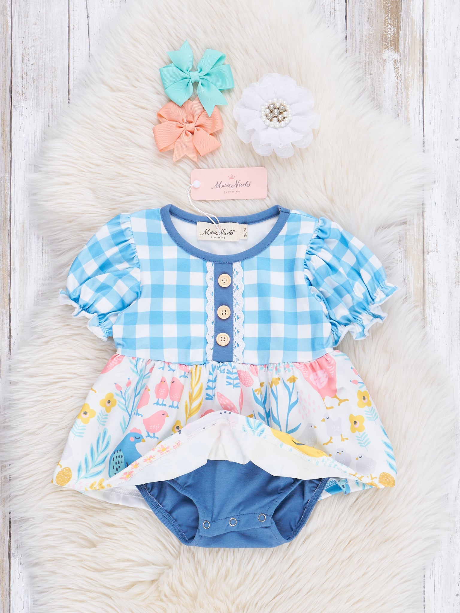 Blue Gingham Garden Ruffle Bubble Romper - Marie Nicole Clothing