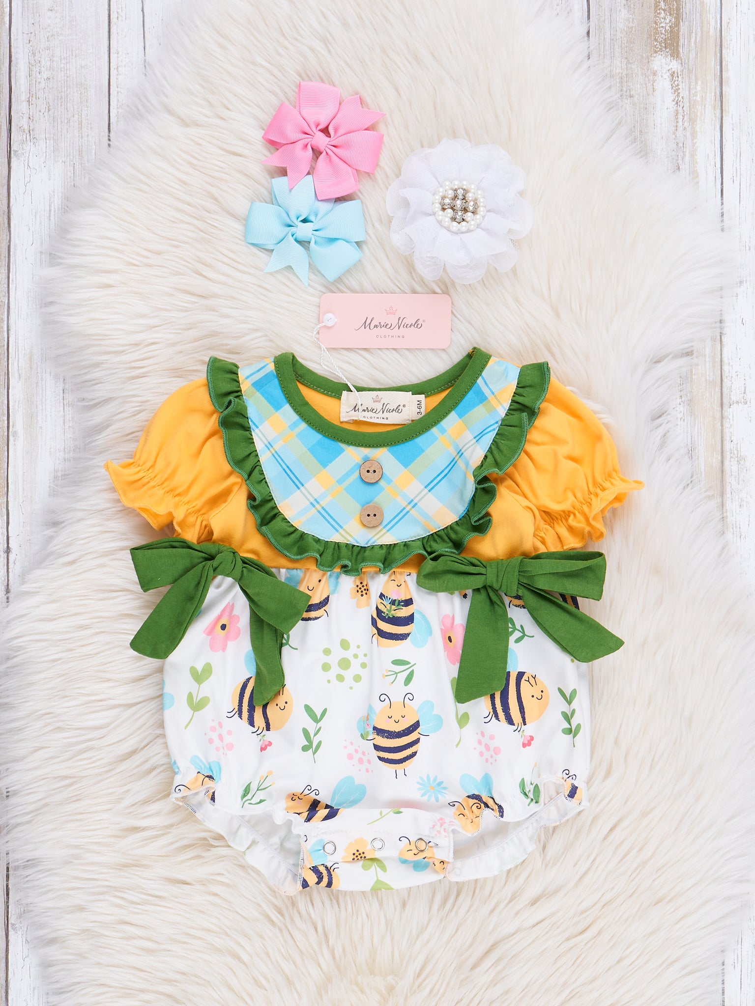 Yellow & Green Busiest Bees Ruffle Bubble Romper - Marie Nicole Clothing
