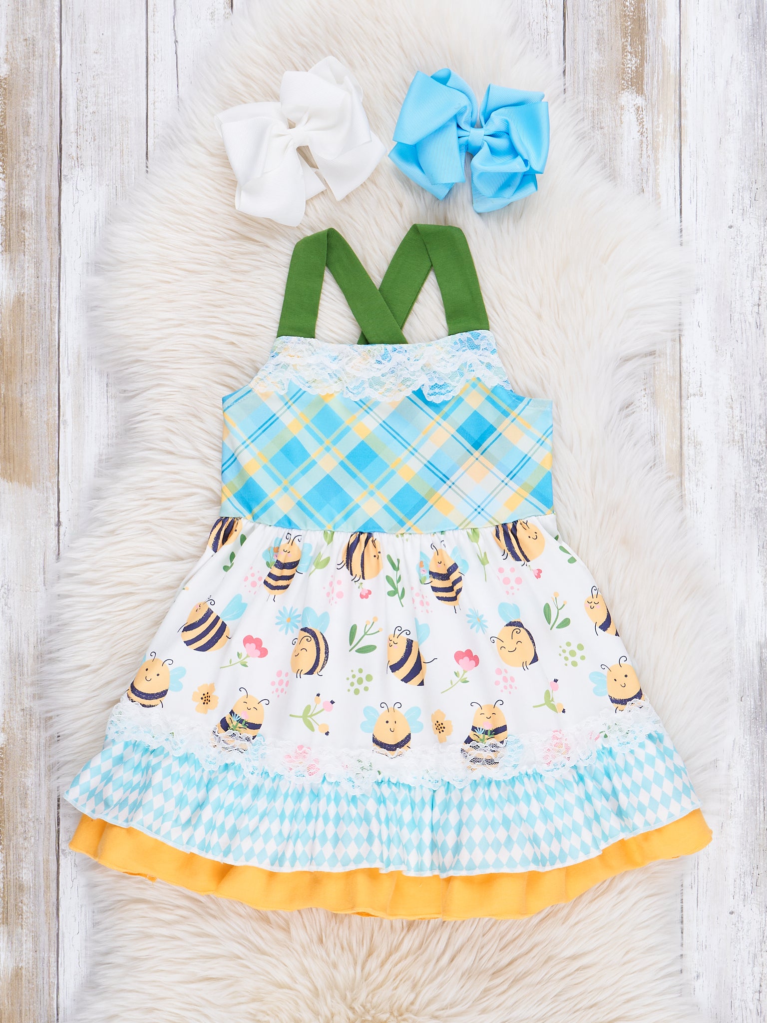 Yellow & Green Busiest Bees Ruffle Dress - Marie Nicole Clothing