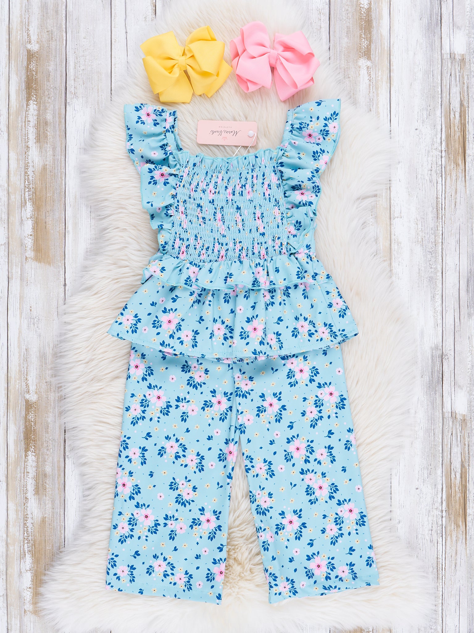 Blue Bouquet Smocked Ruffle Outfit - Marie Nicole Clothing