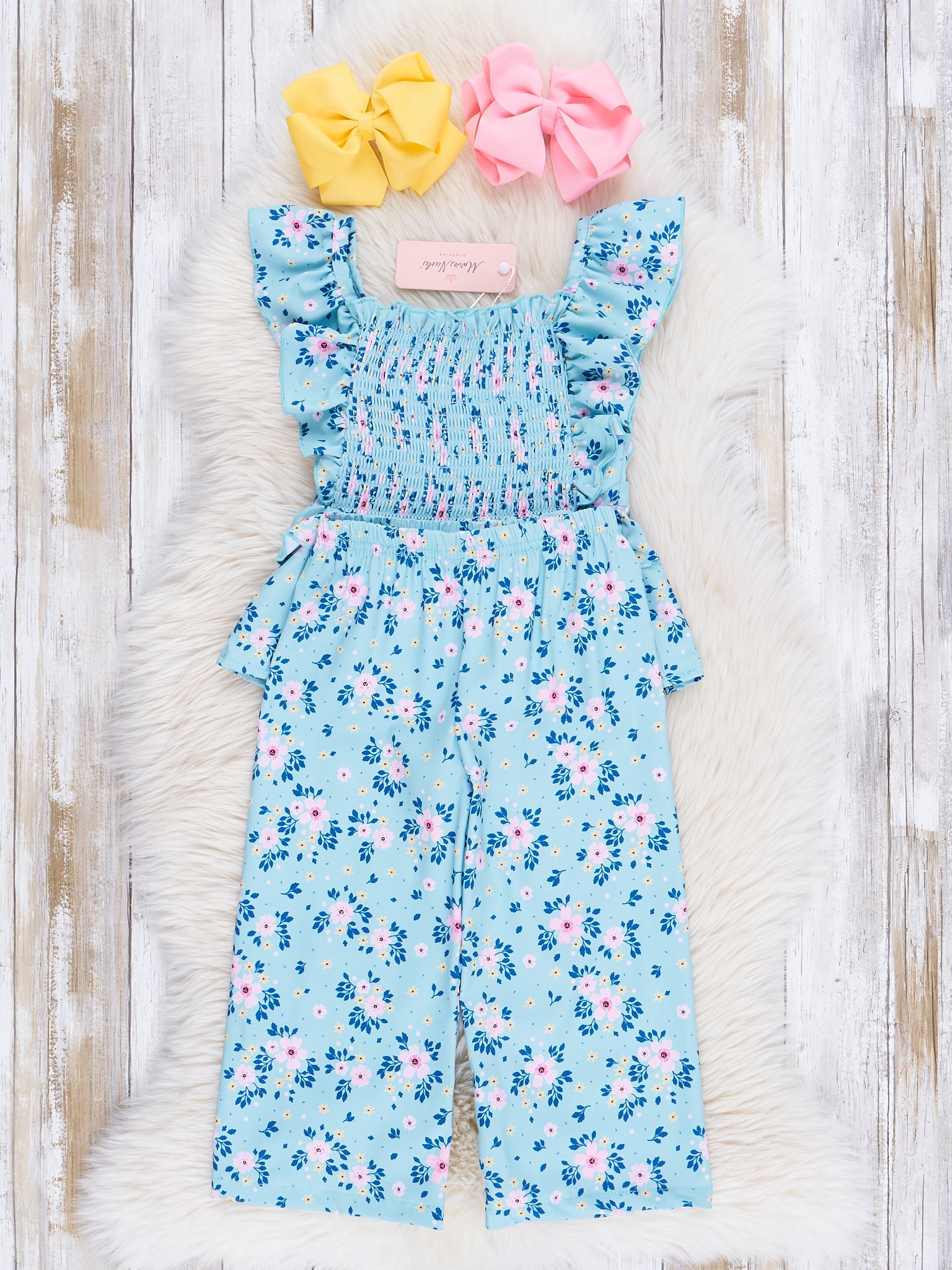 Blue Bouquet Smocked Ruffle Outfit - Marie Nicole Clothing