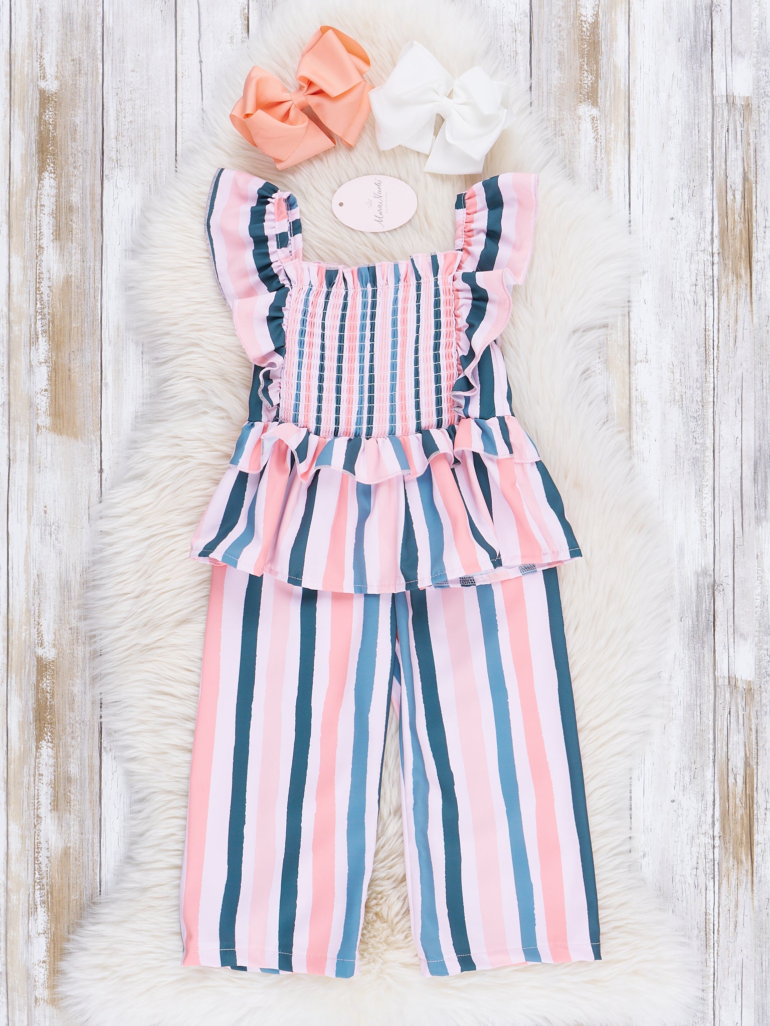 Navy & Rose Stripes Smocked Ruffle Outfit - Marie Nicole Clothing