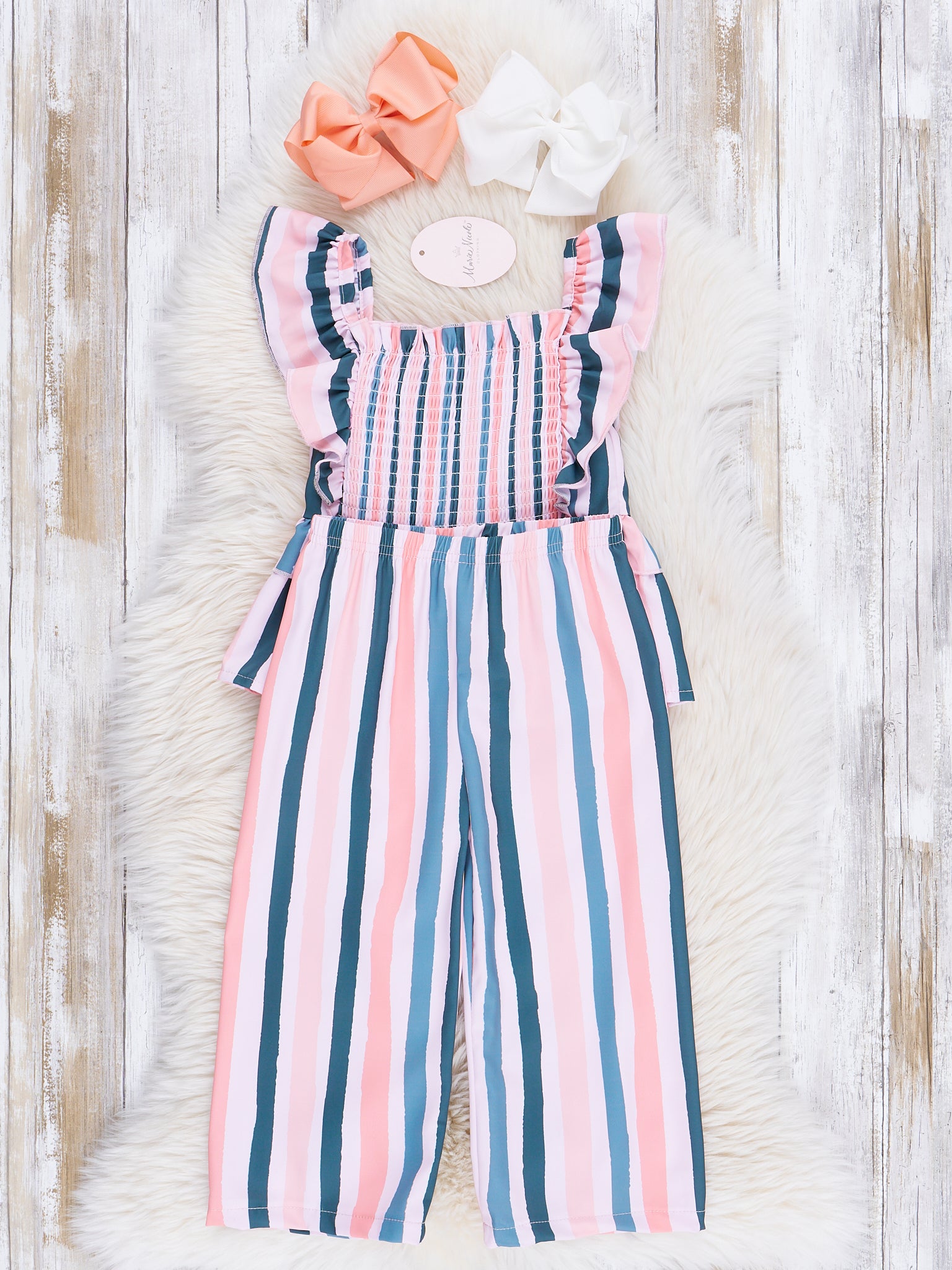 Navy & Rose Stripes Smocked Ruffle Outfit - Marie Nicole Clothing