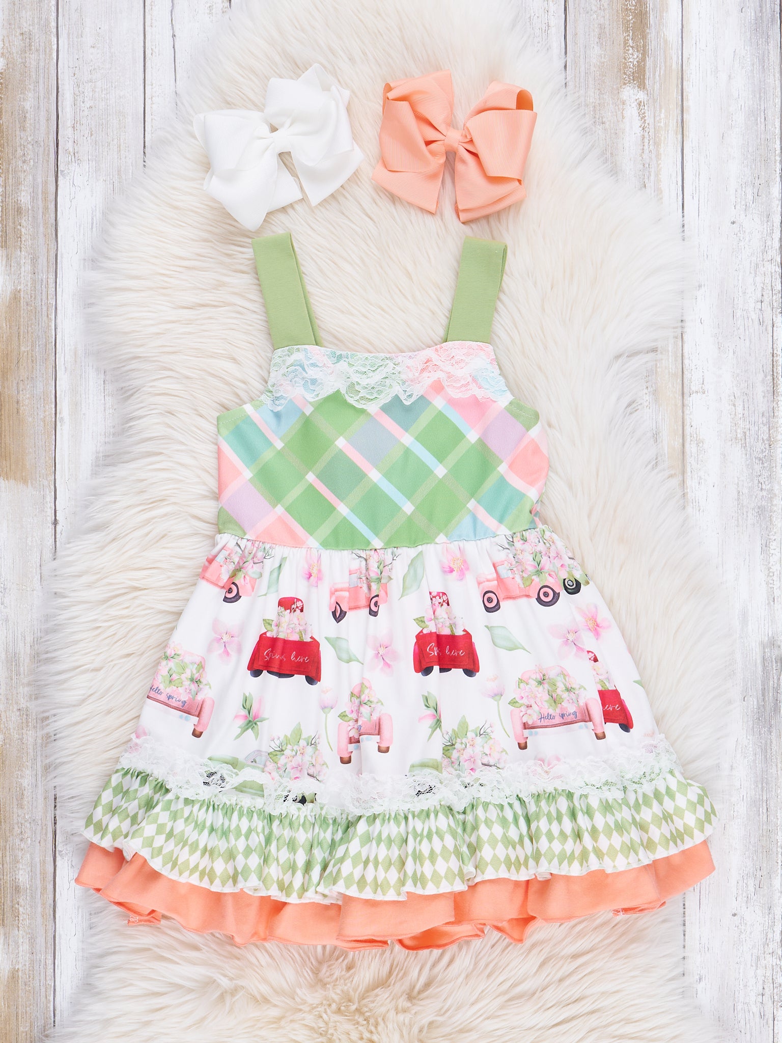 Orange & Green Plaid Truck Ruffle Dress - Marie Nicole Clothing