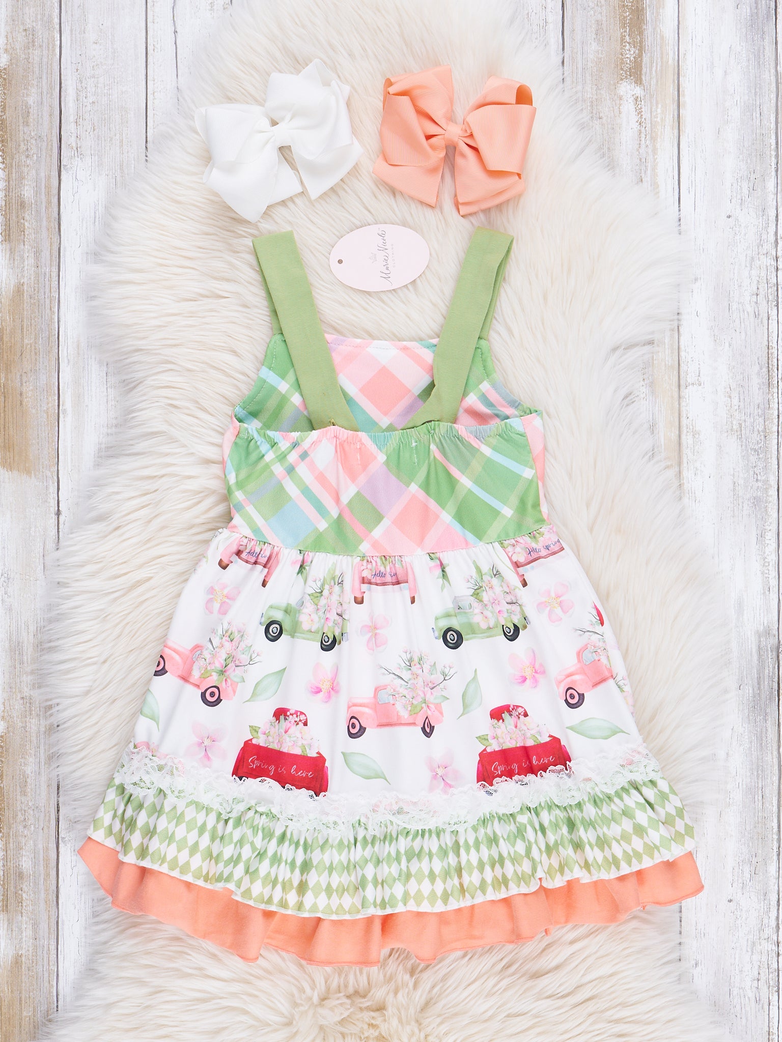Orange & Green Plaid Truck Ruffle Dress - Marie Nicole Clothing