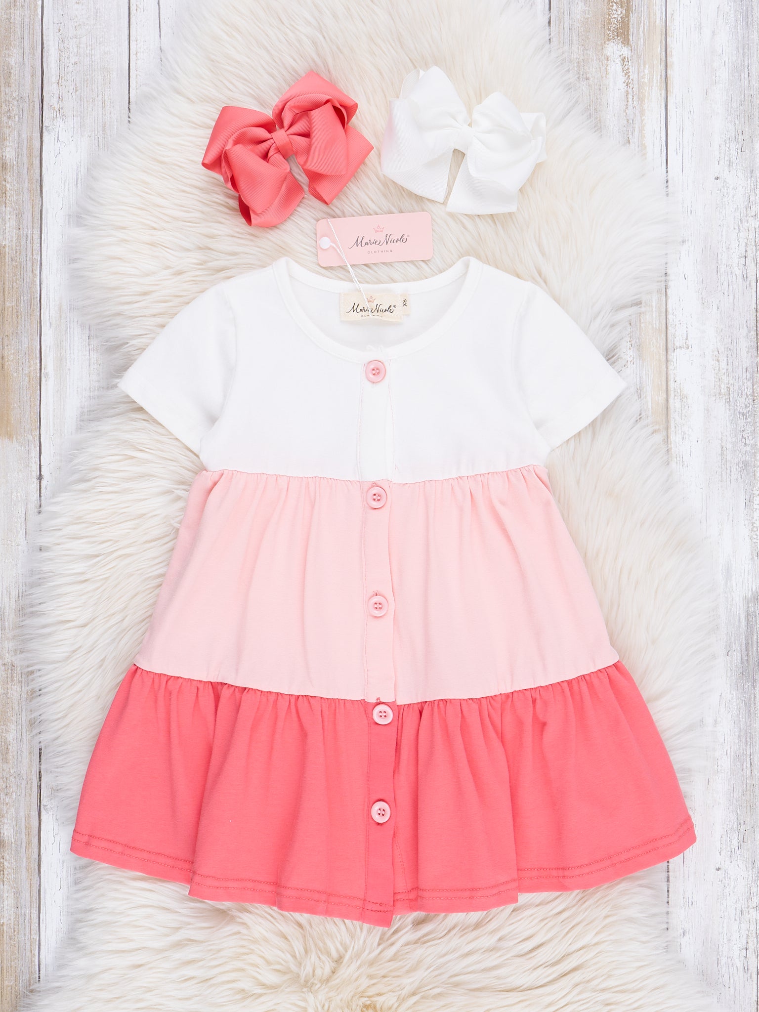 Ombre Pink Button Front Ruffle Dress - Marie Nicole Clothing