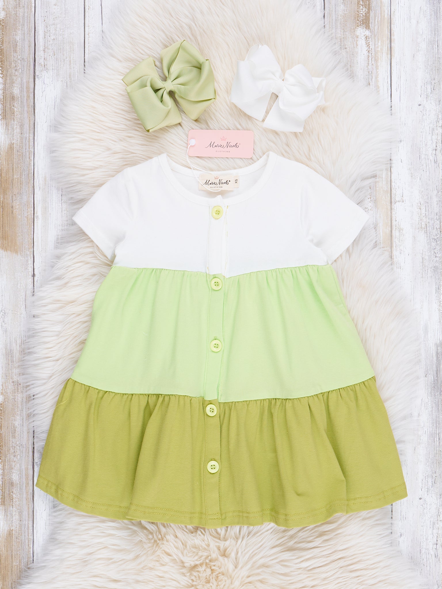Ombre Lime Button Front Ruffle Dress - Marie Nicole Clothing