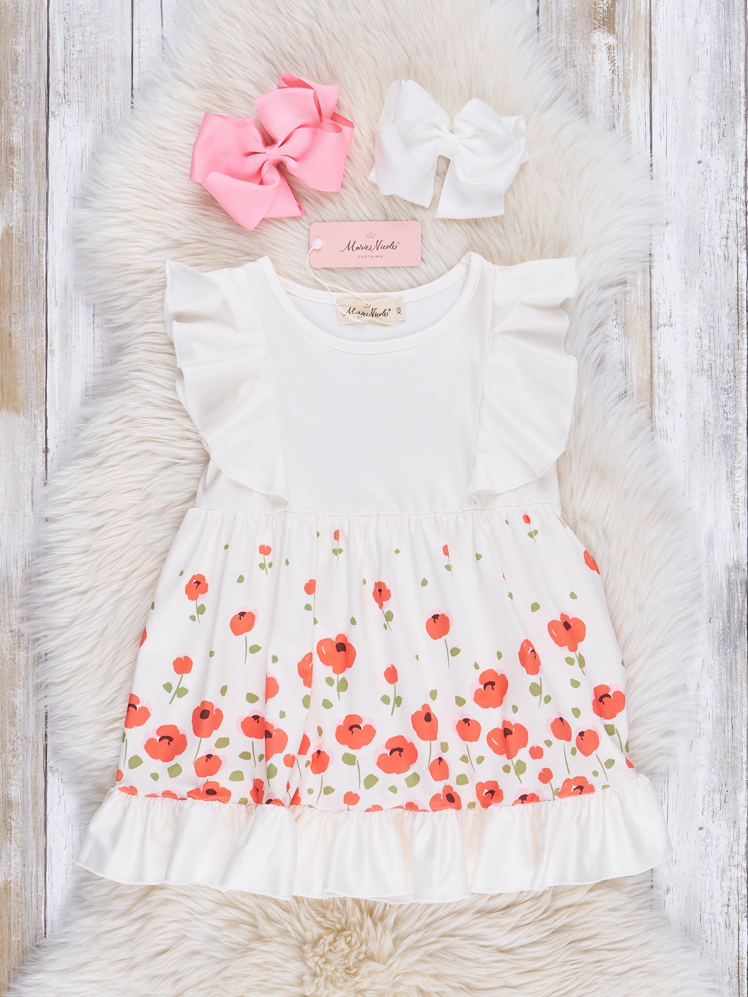 White & Orange Blooms Ruffle Dress - Marie Nicole Clothing