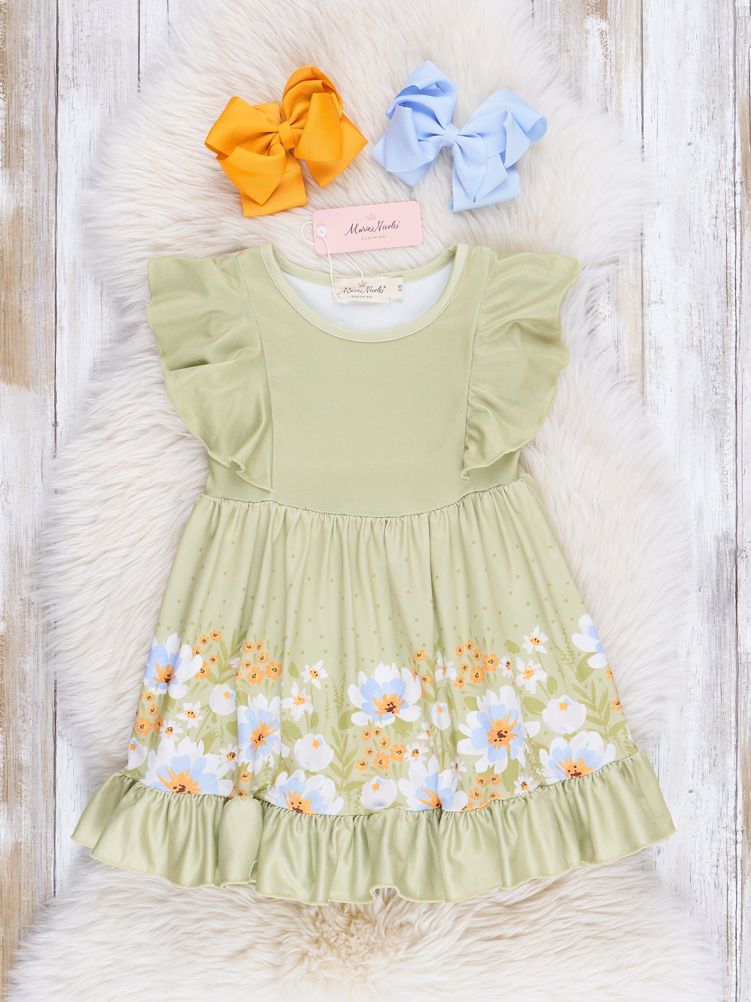 Sage Blooms Ruffle Dress - Marie Nicole Clothing
