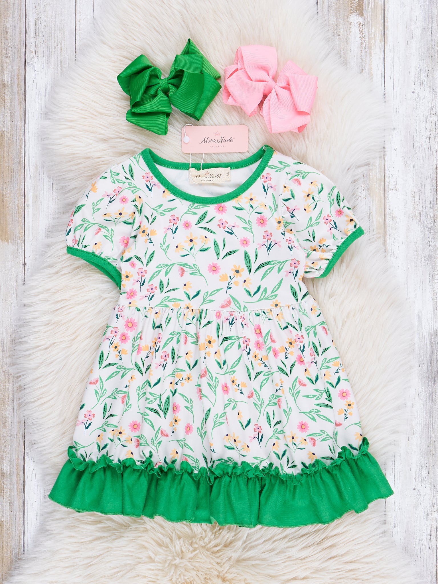 Green Wildflowers Ruffle Dress - Marie Nicole Clothing