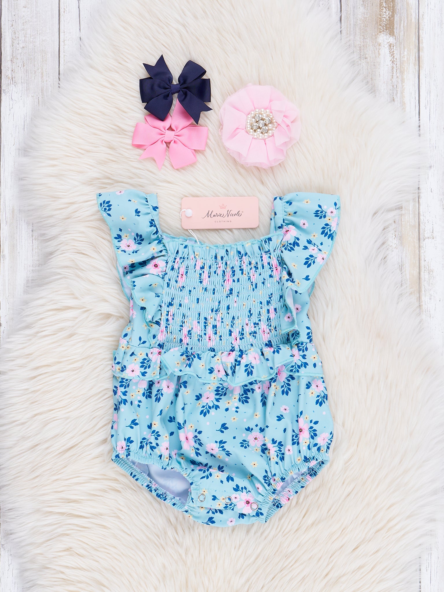 Blue Bouquet Smocked Ruffle Bubble Romper - Marie Nicole Clothing