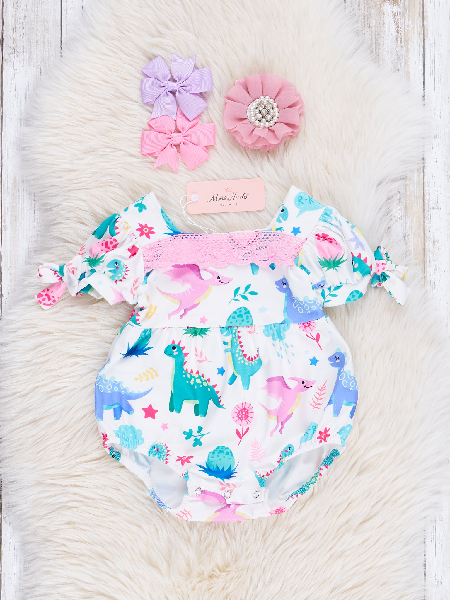 Pink Lace Watercolor Dinosaur Ruffle Bubble Romper - Marie Nicole Clothing