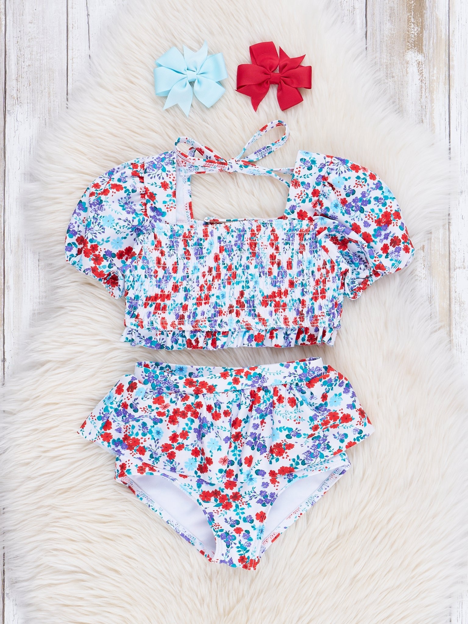 Red & Blue Floral Puff Sleeve Ruffle Swimsuit - Marie Nicole Clothing
