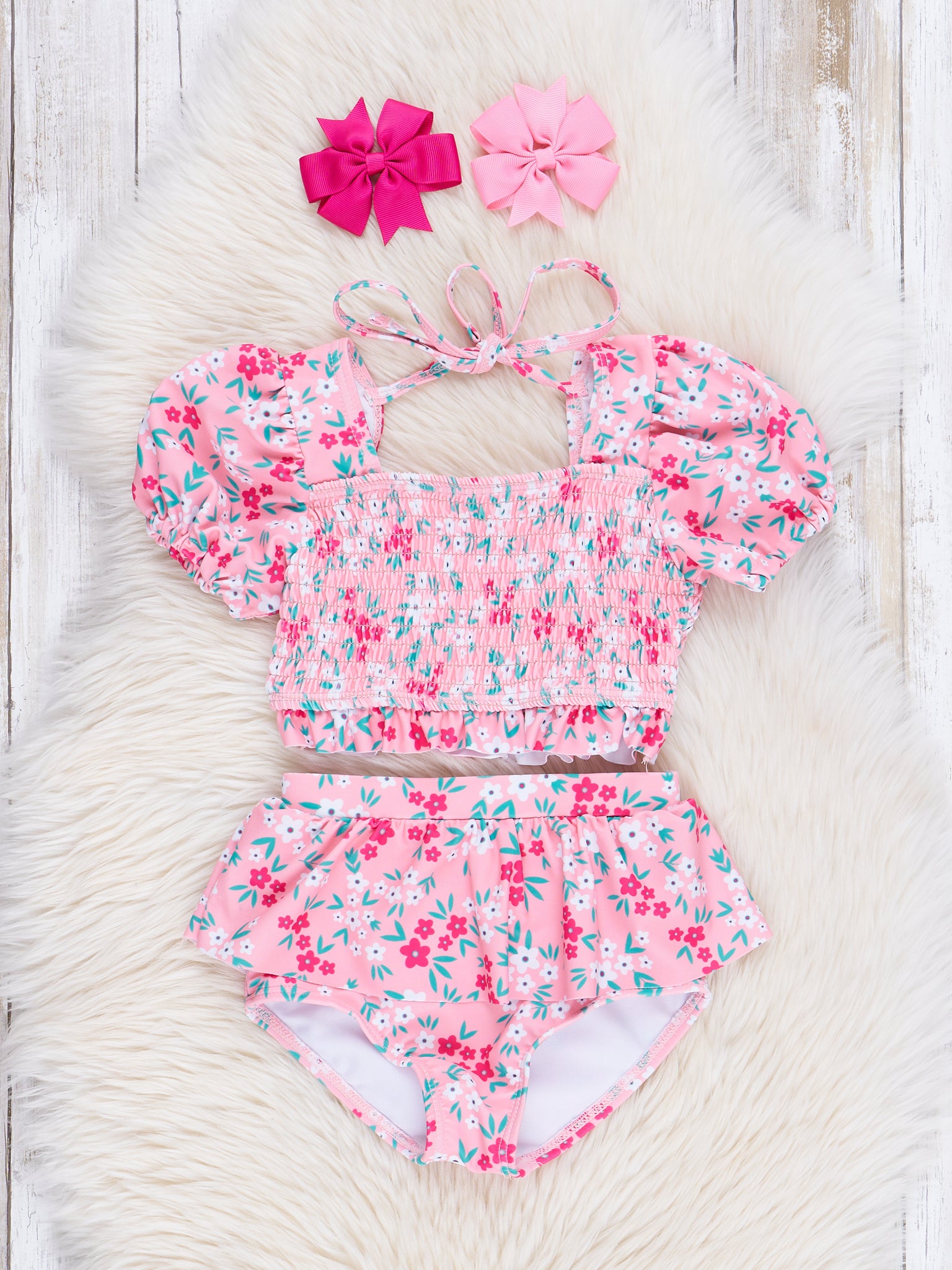 Pink Floral Puff Sleeve Ruffle Swimsuit - Marie Nicole Clothing