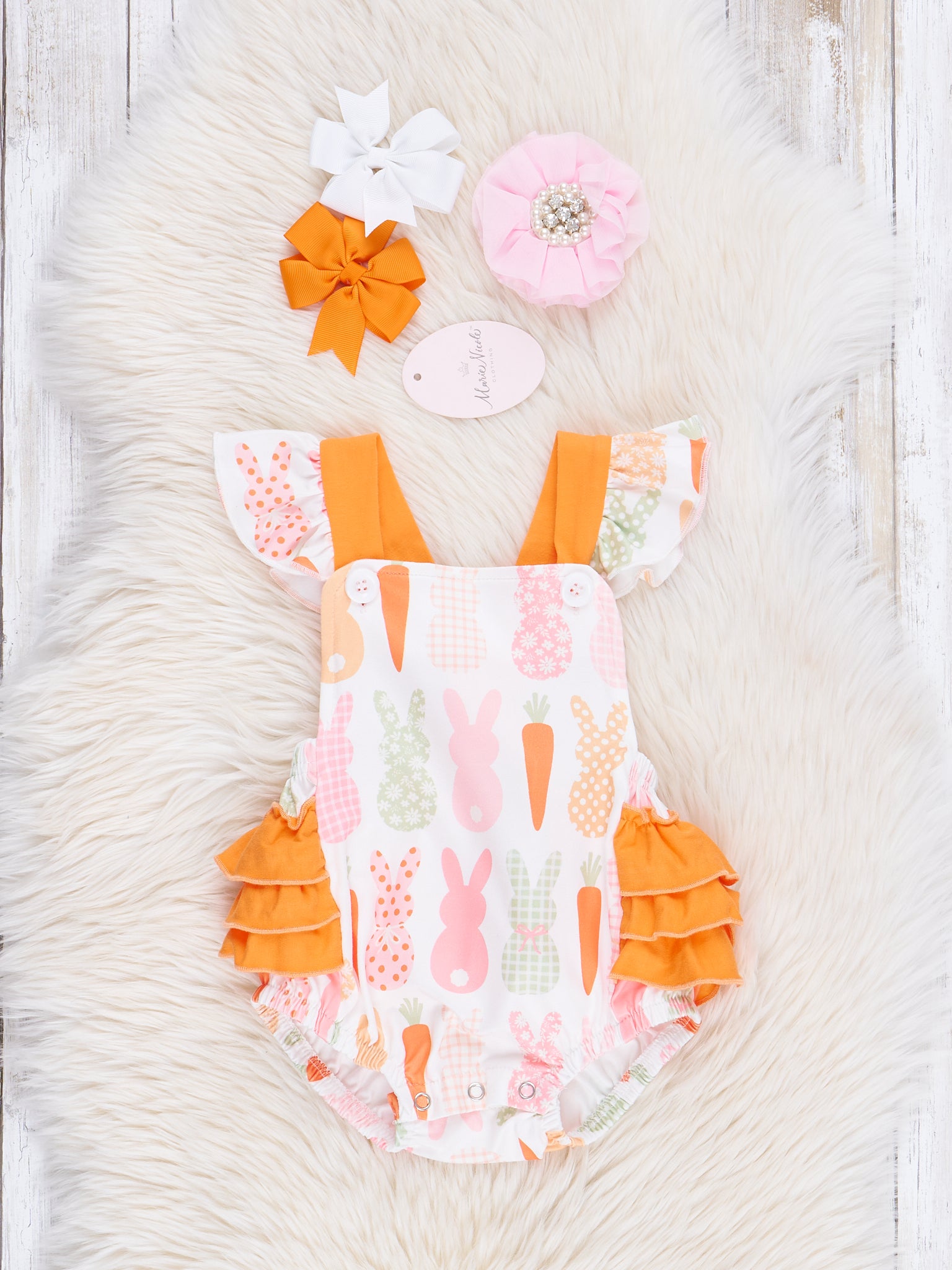 Orange Bunny Party Ruffle Bubble Romper - Marie Nicole Clothing