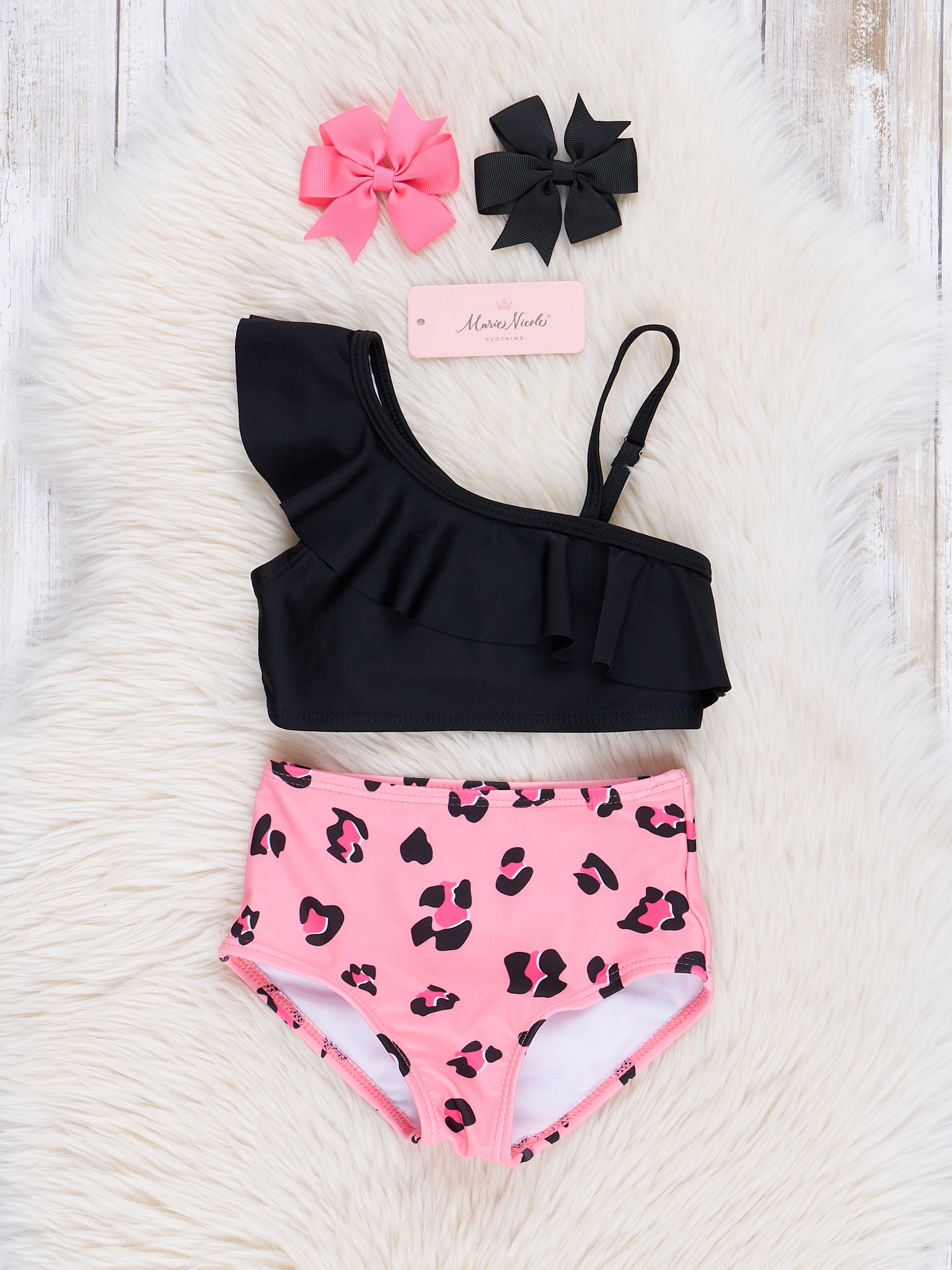 Pink & Black Leopard Ruffle Swimsuit - Marie Nicole Clothing