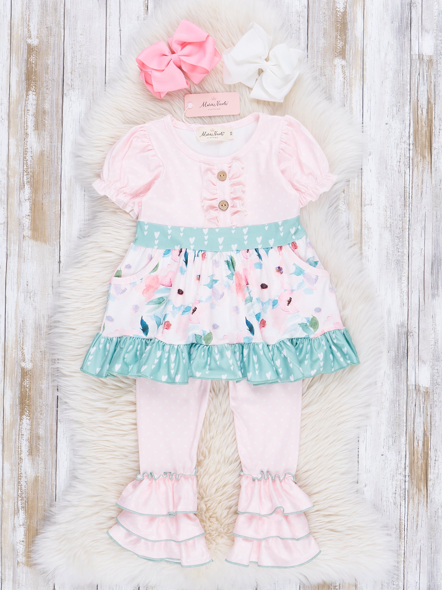 Soft Peach & Green Florals Ruffle Outfit - Marie Nicole Clothing