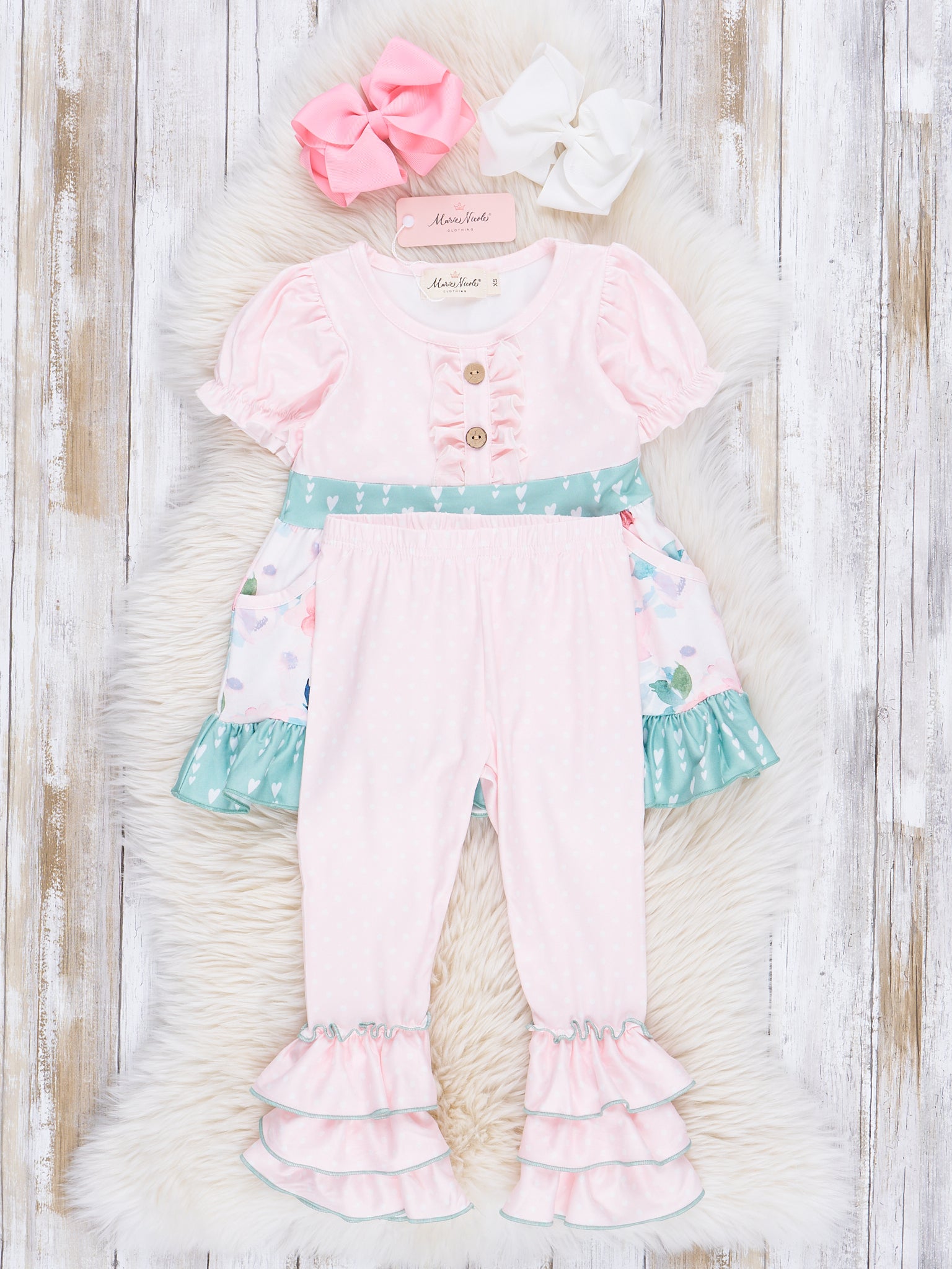Soft Peach & Green Florals Ruffle Outfit - Marie Nicole Clothing