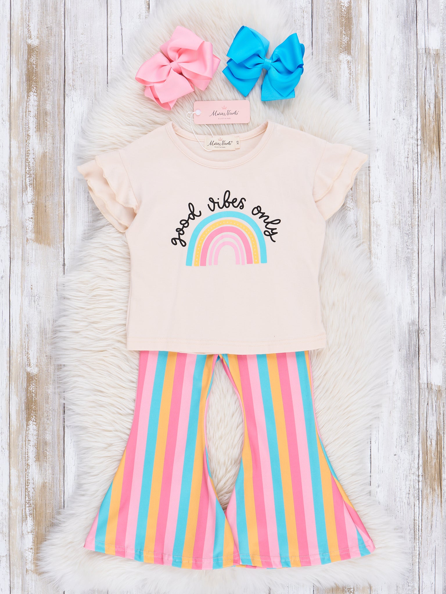 Good Vibes Only Rainbow Stripes Bell Bottoms Outfit - Marie Nicole Clothing