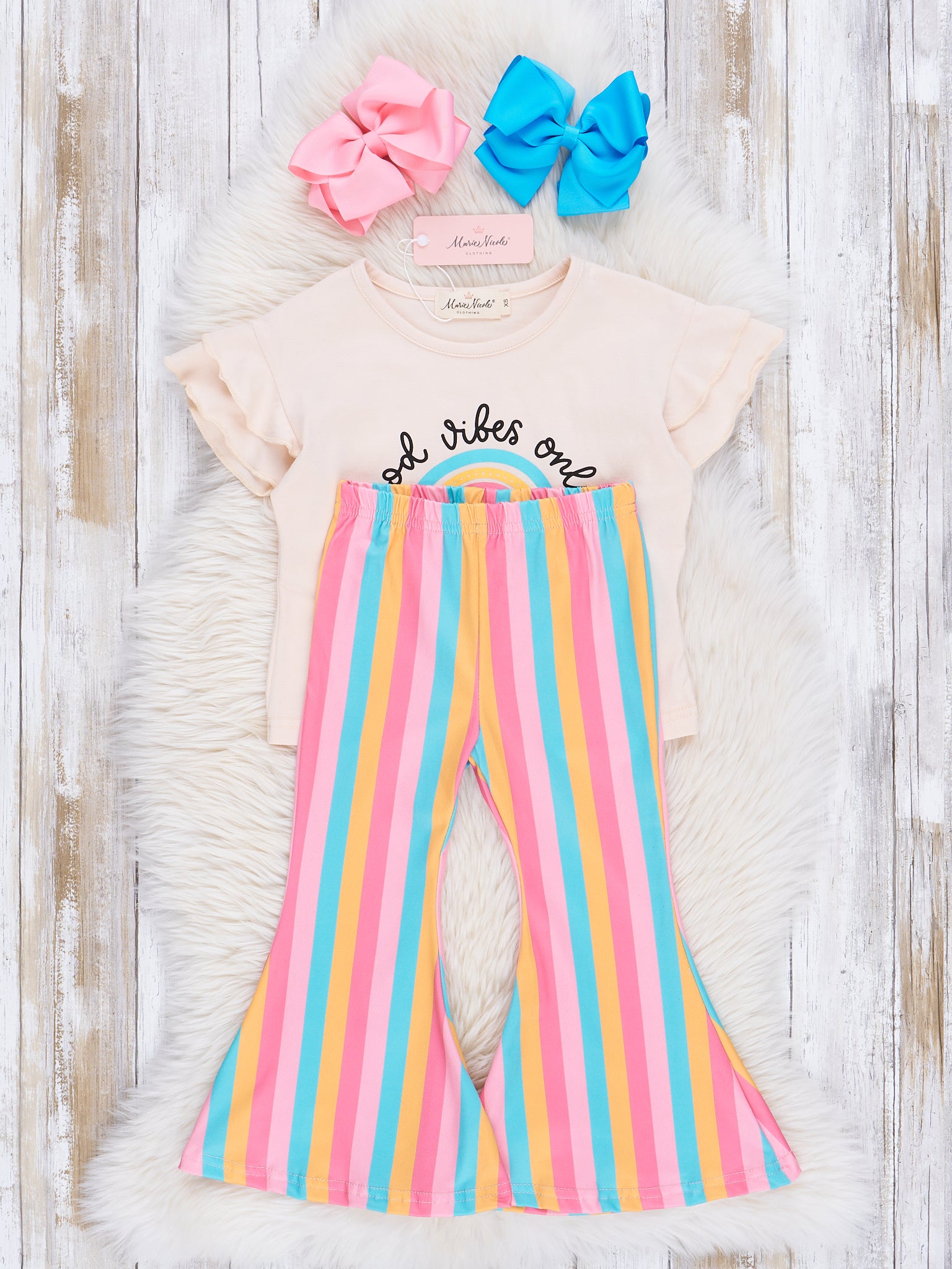 Good Vibes Only Rainbow Stripes Bell Bottoms Outfit - Marie Nicole Clothing
