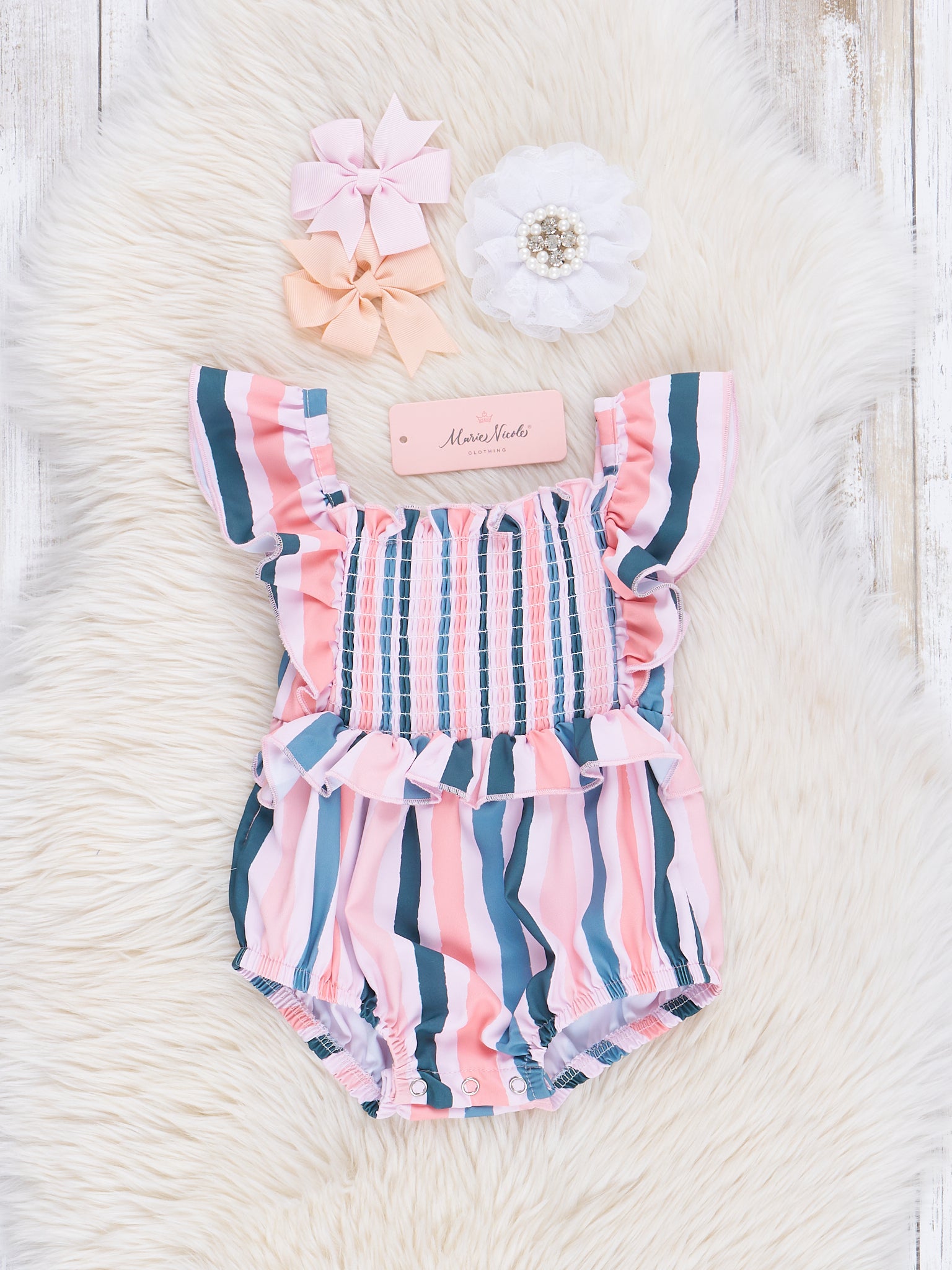 Navy & Rose Stripes Smocked Ruffle Bubble Romper - Marie Nicole Clothing