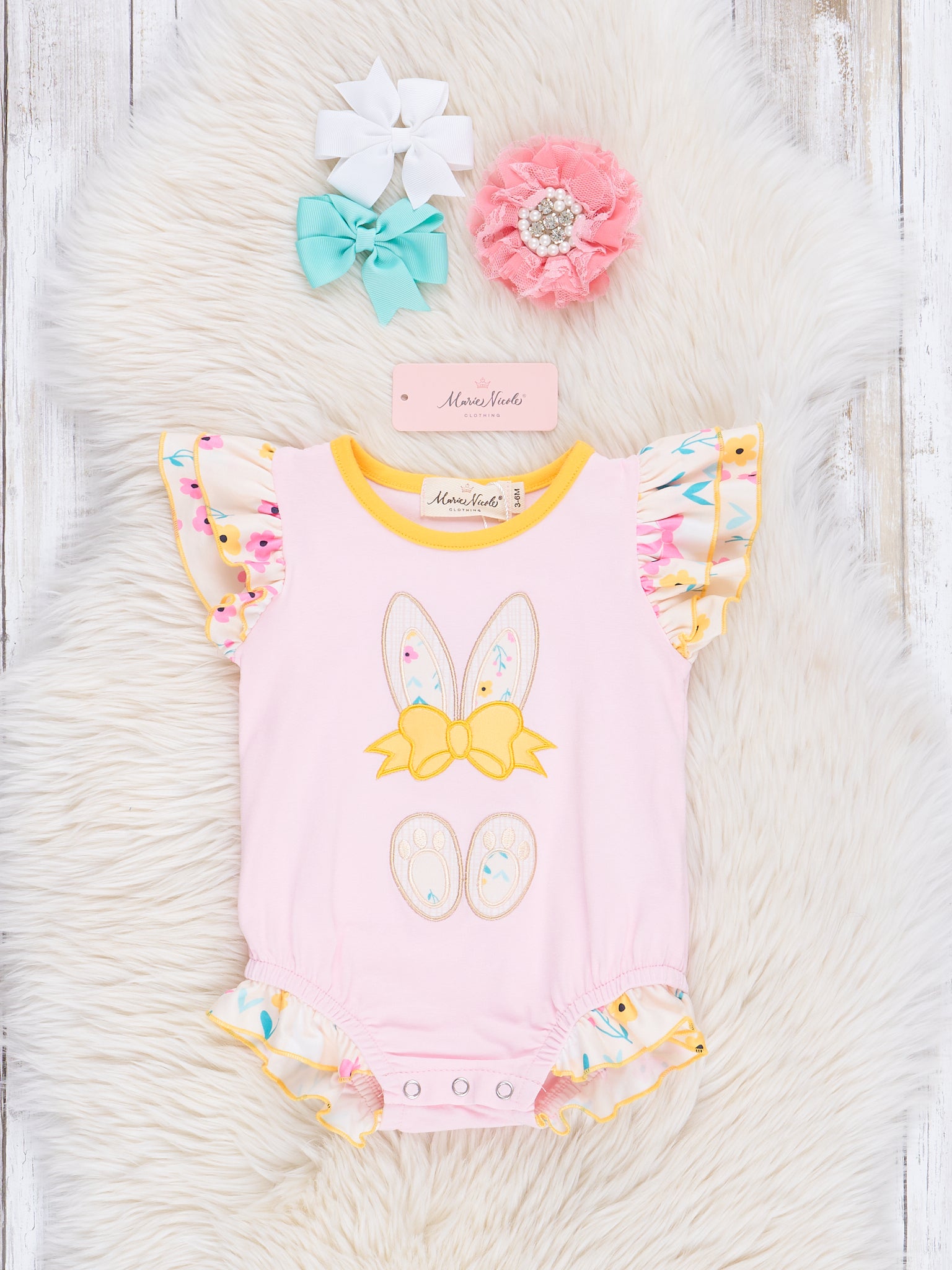 Pink & Yellow Embroidered Floral Bunny Ruffle Bubble Romper - Marie Nicole Clothing