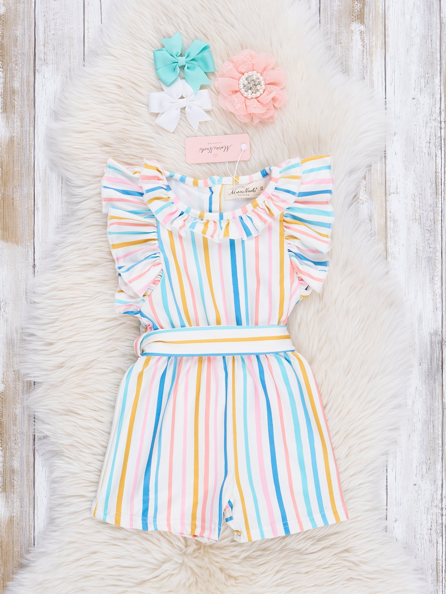 Rainbow Stripes Ruffle Romper - Marie Nicole Clothing