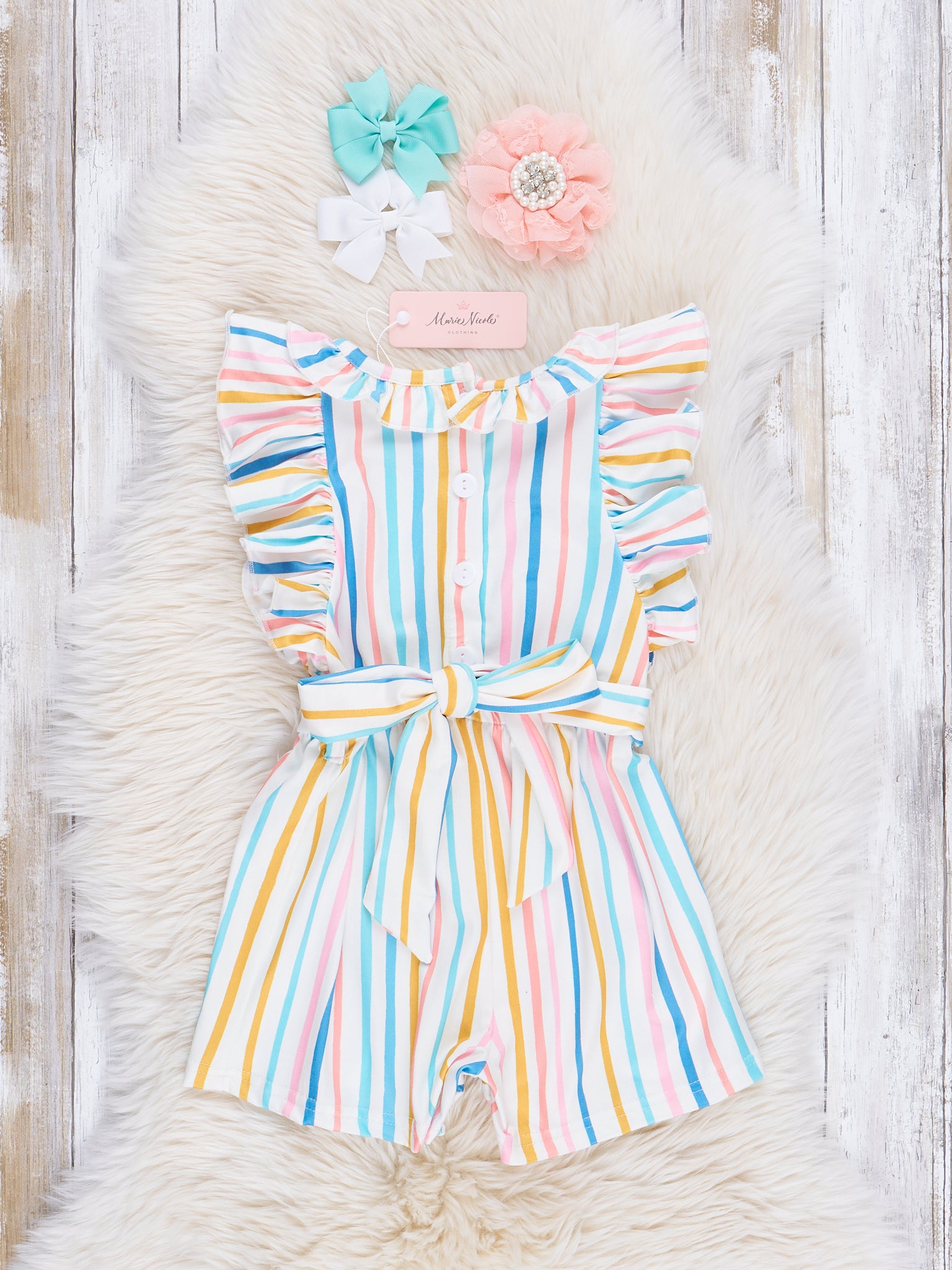 Rainbow Stripes Ruffle Romper - Marie Nicole Clothing