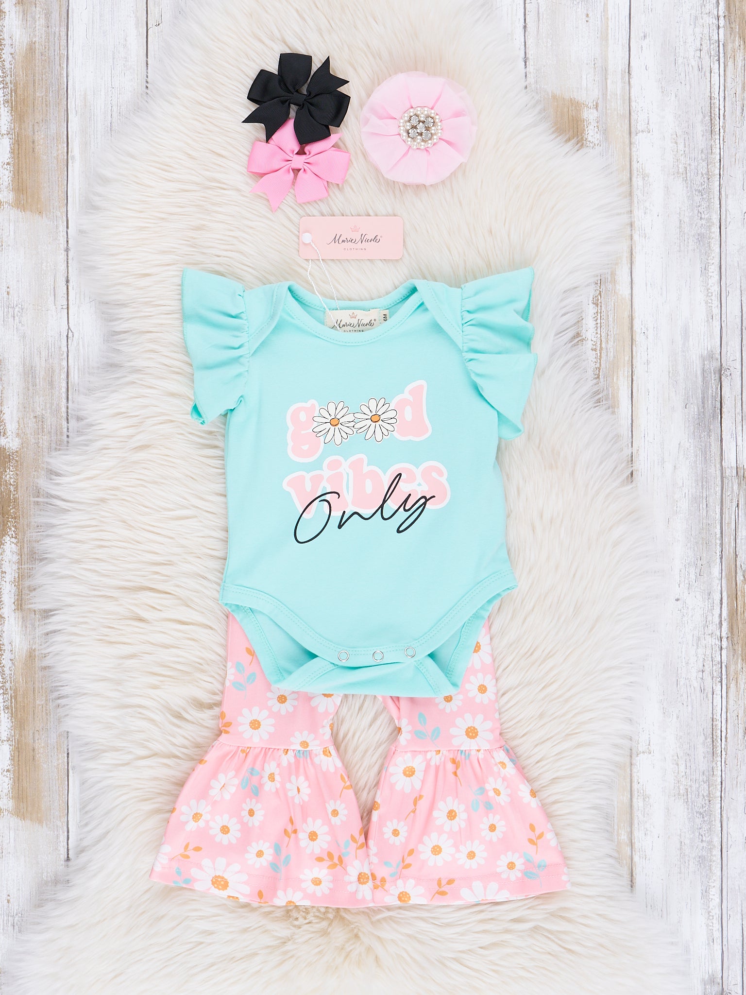 Teal & Pink Floral Good Vibes Bell Bottoms Outfit - Marie Nicole Clothing