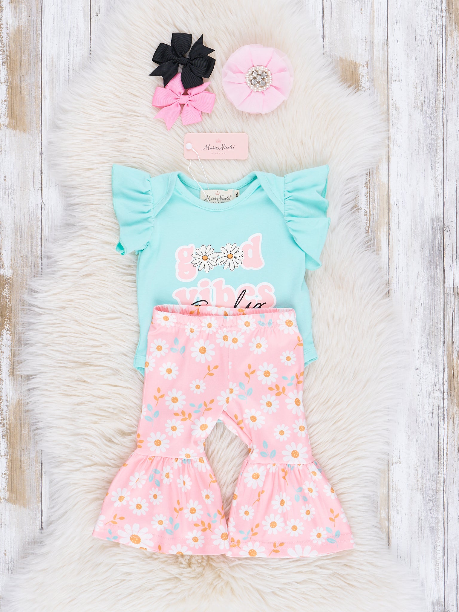 Teal & Pink Floral Good Vibes Bell Bottoms Outfit - Marie Nicole Clothing